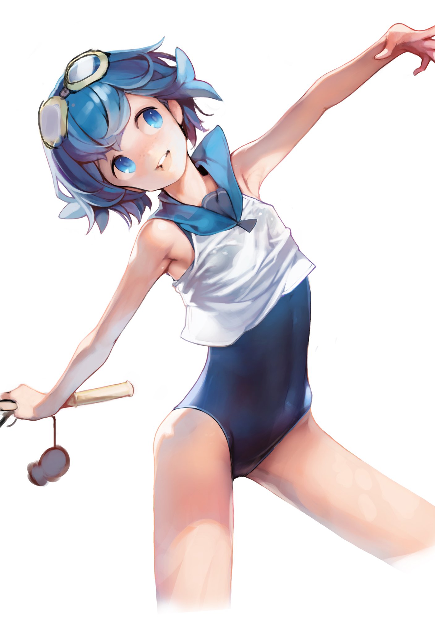 Anime 1407x2000 anime girls blue eyes blue swimsuit blue hair Ataruman thighs armpits one arm up open mouth bare shoulders swimwear one-piece swimsuit goggles skinny loli glasses bob hairstyle cuffs thin arms top white tops anime school swimsuits white background happy