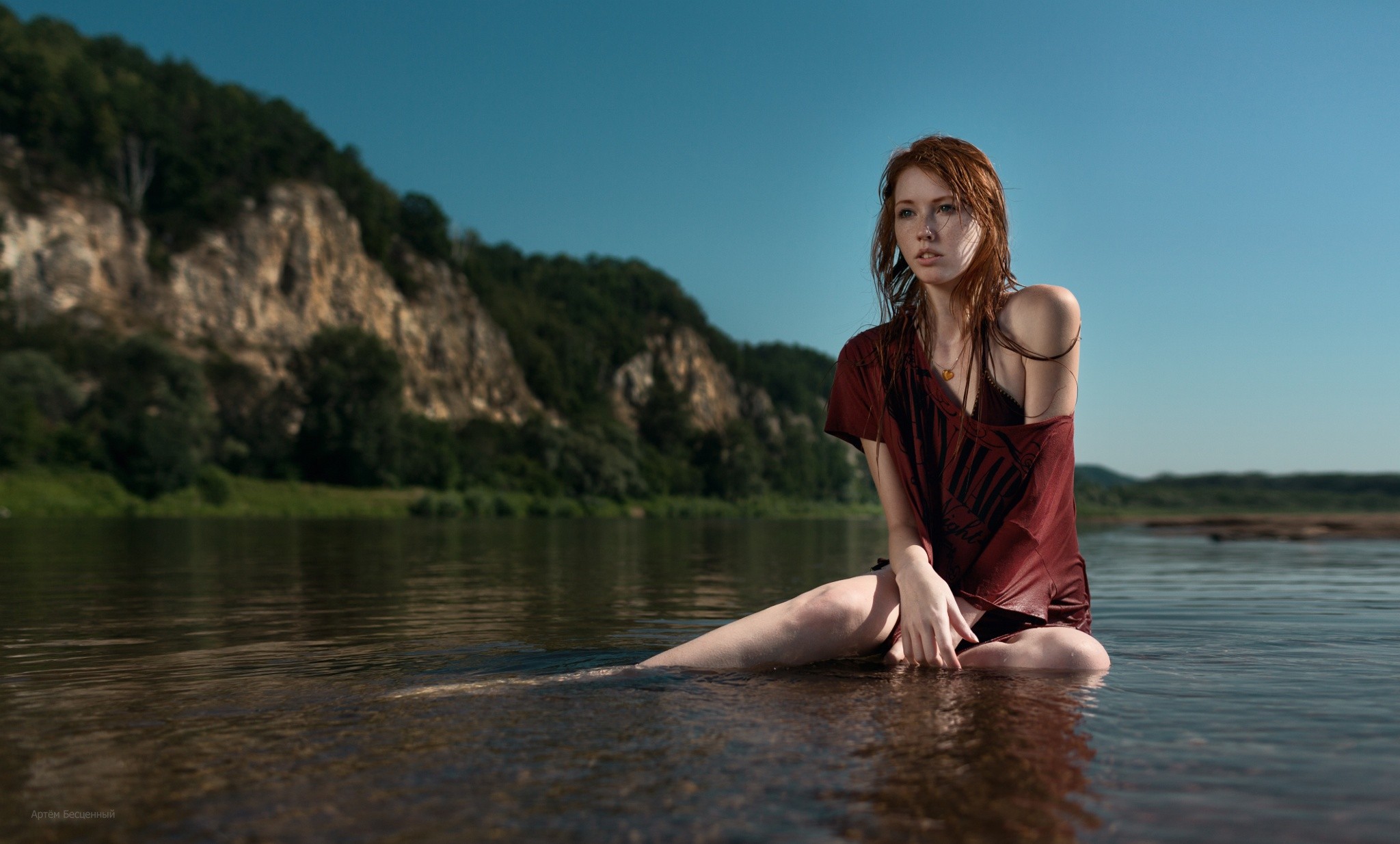 People 2048x1234 nature solo women outdoors water wet body women model outdoors freckles T-shirt bare shoulders