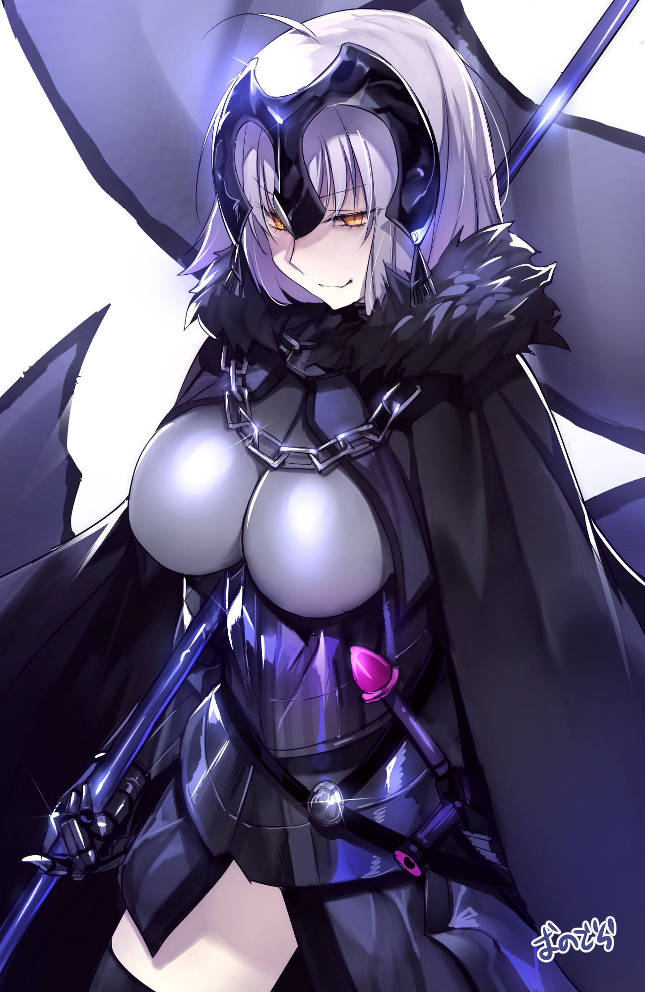 Anime 1300x2000 white background Fate series Fate/Grand Order Ruler (Fate/Grand Order) thigh-highs weapon blonde chains yellow eyes Jeanne (Alter) (Fate/Grand Order) big boobs wide breasts