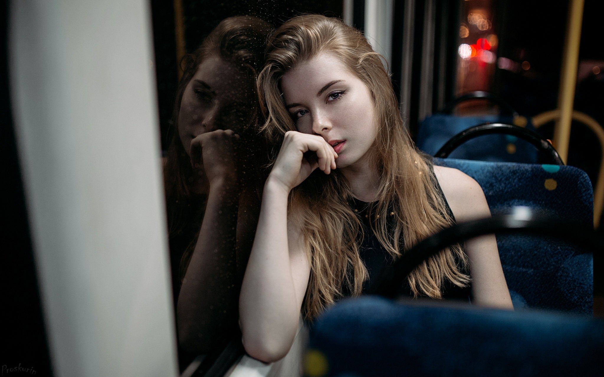 People 2048x1280 Irina Popova Ivan Proskurin looking at viewer women model long hair blonde face touching face one arm up finger on lips messy hair Russian women Russian model vehicle buses in bus
