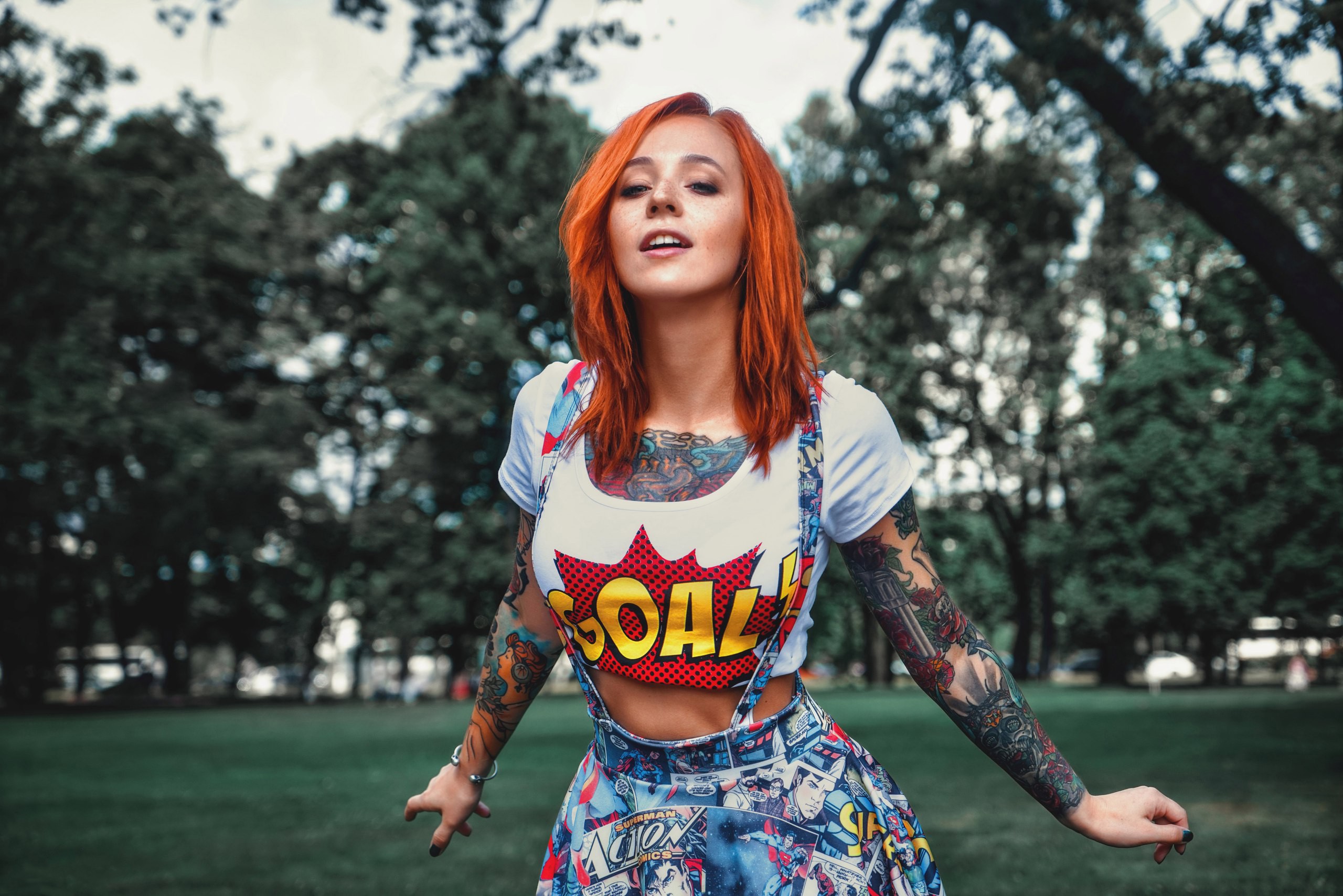 People 2560x1709 Yana Sinner women redhead T-shirt overalls tattoo portrait women outdoors painted nails trees white tops parted lips inked girls printed shirts dyed hair model