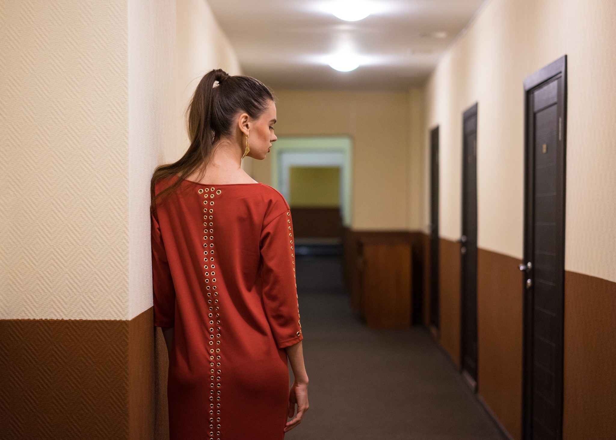 People 2048x1463 hallway women model standing red dress ponytail