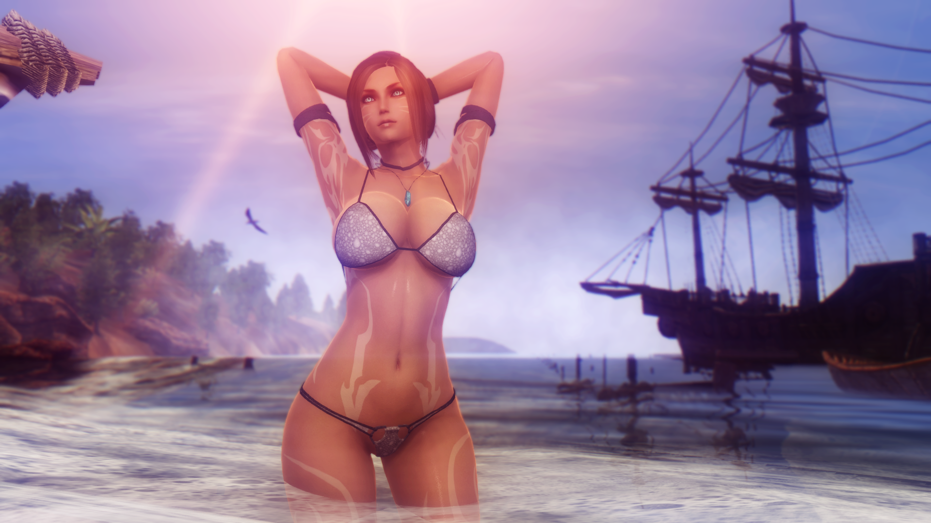 General 1920x1080 The Elder Scrolls IV: Oblivion women video games tattoo brunette beach ship bikini big boobs arms up CGI