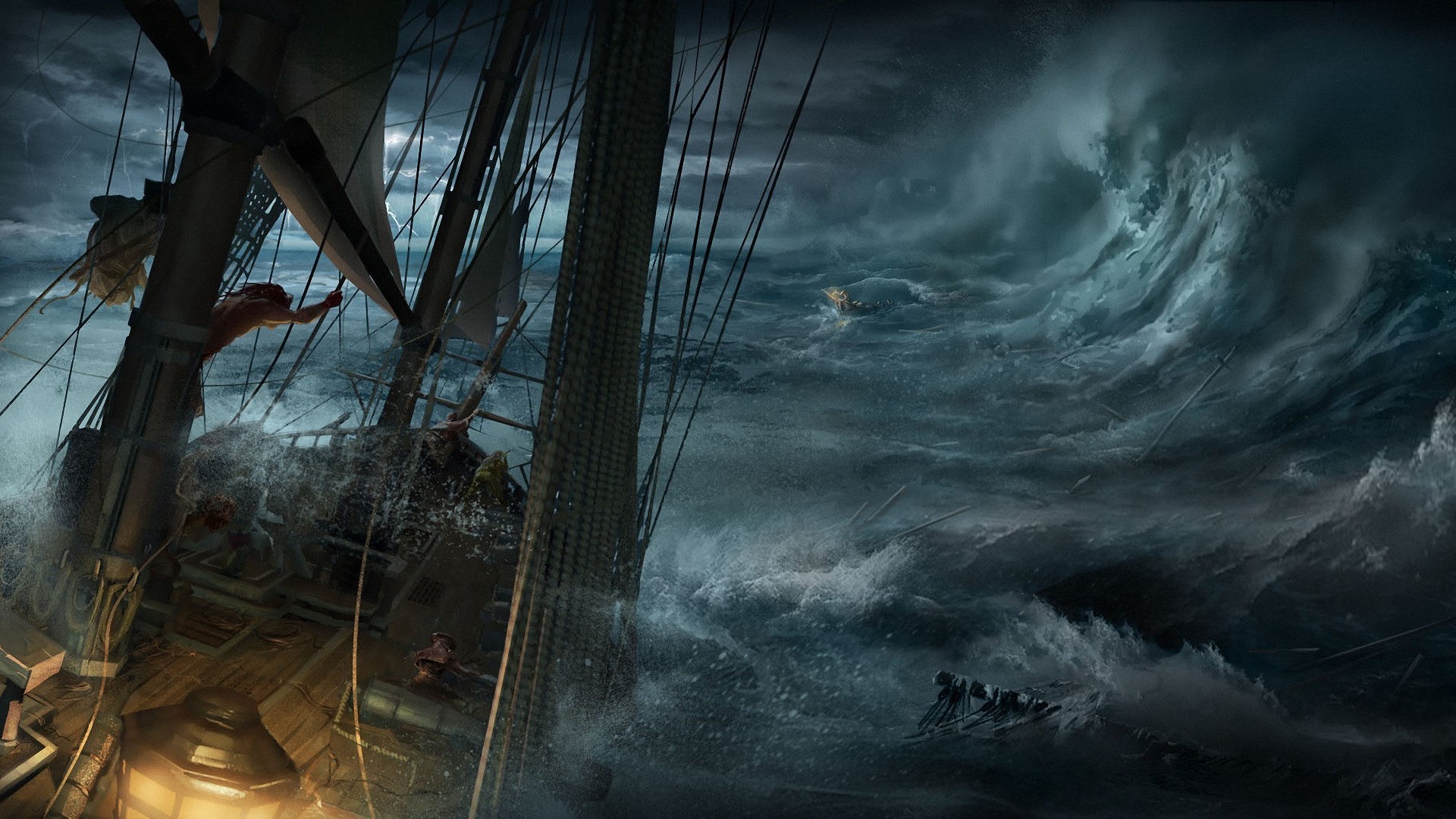General 1920x1080 nature water sea waves digital art sailing ship storm dark clouds ropes destruction sailors Assassin's Creed III video games