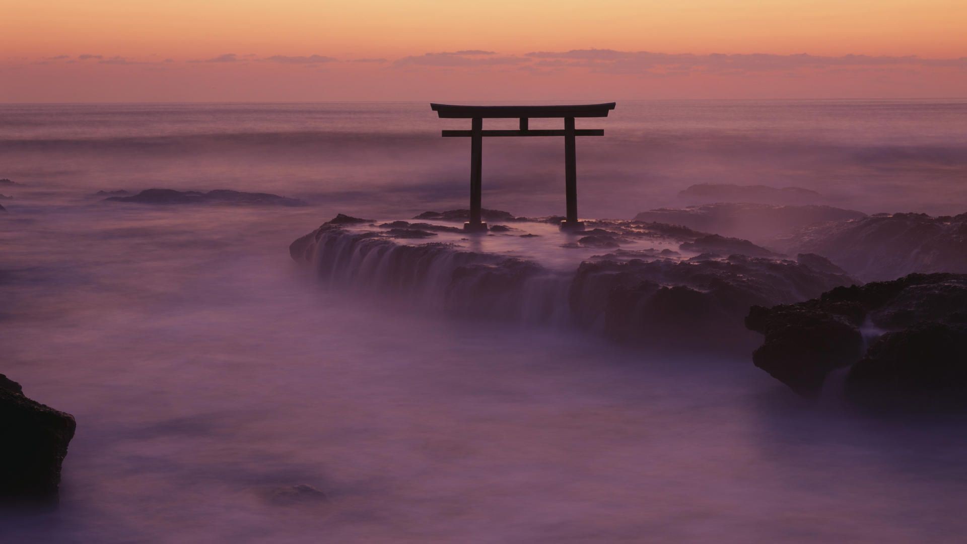 General 1920x1080 nature landscape torii Japan Asia rocks stones sea waves long exposure sunset horizon