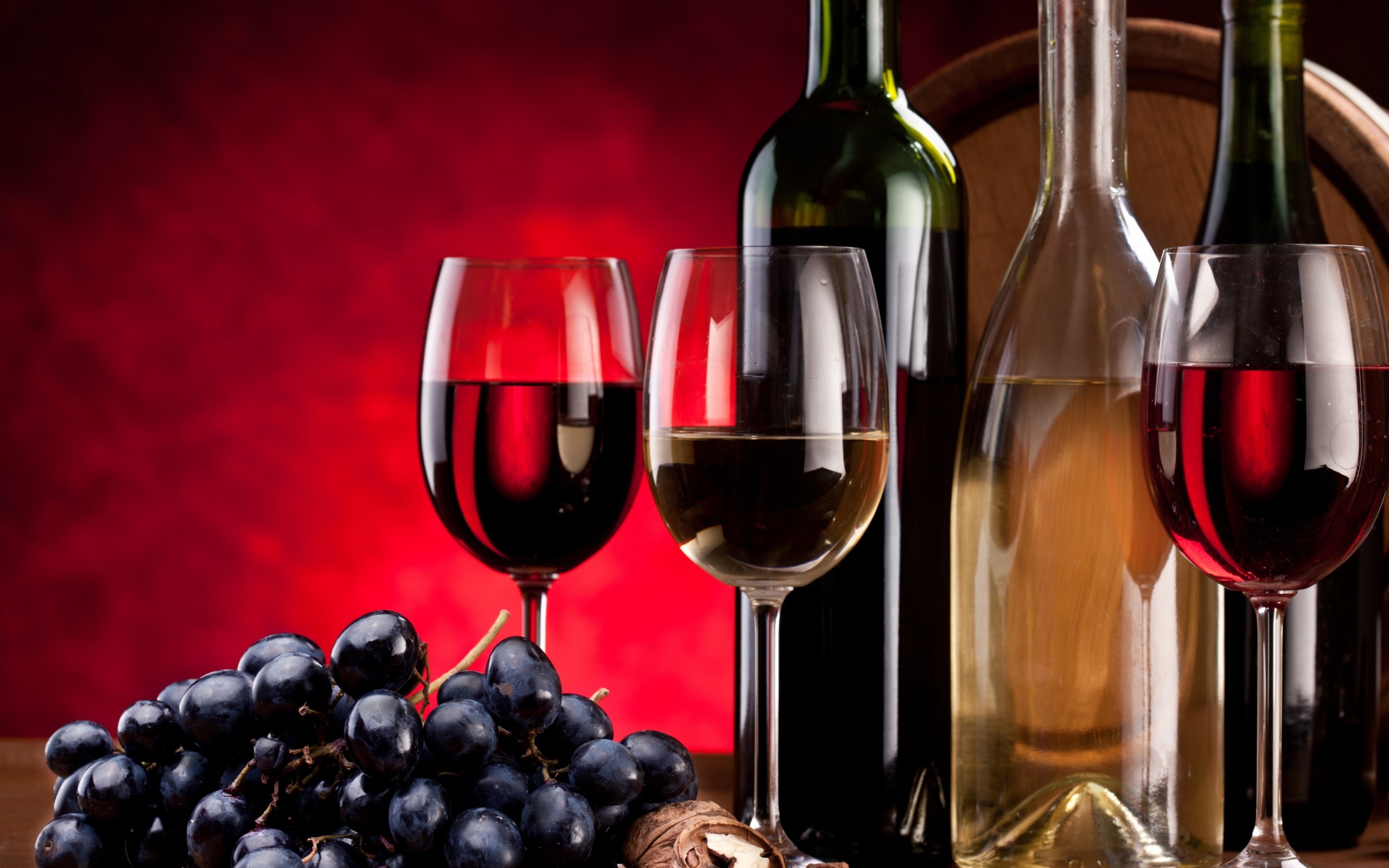 General 2560x1600 wine drink grapes drinking glass red wine food fruit berries bottles still life red background alcohol