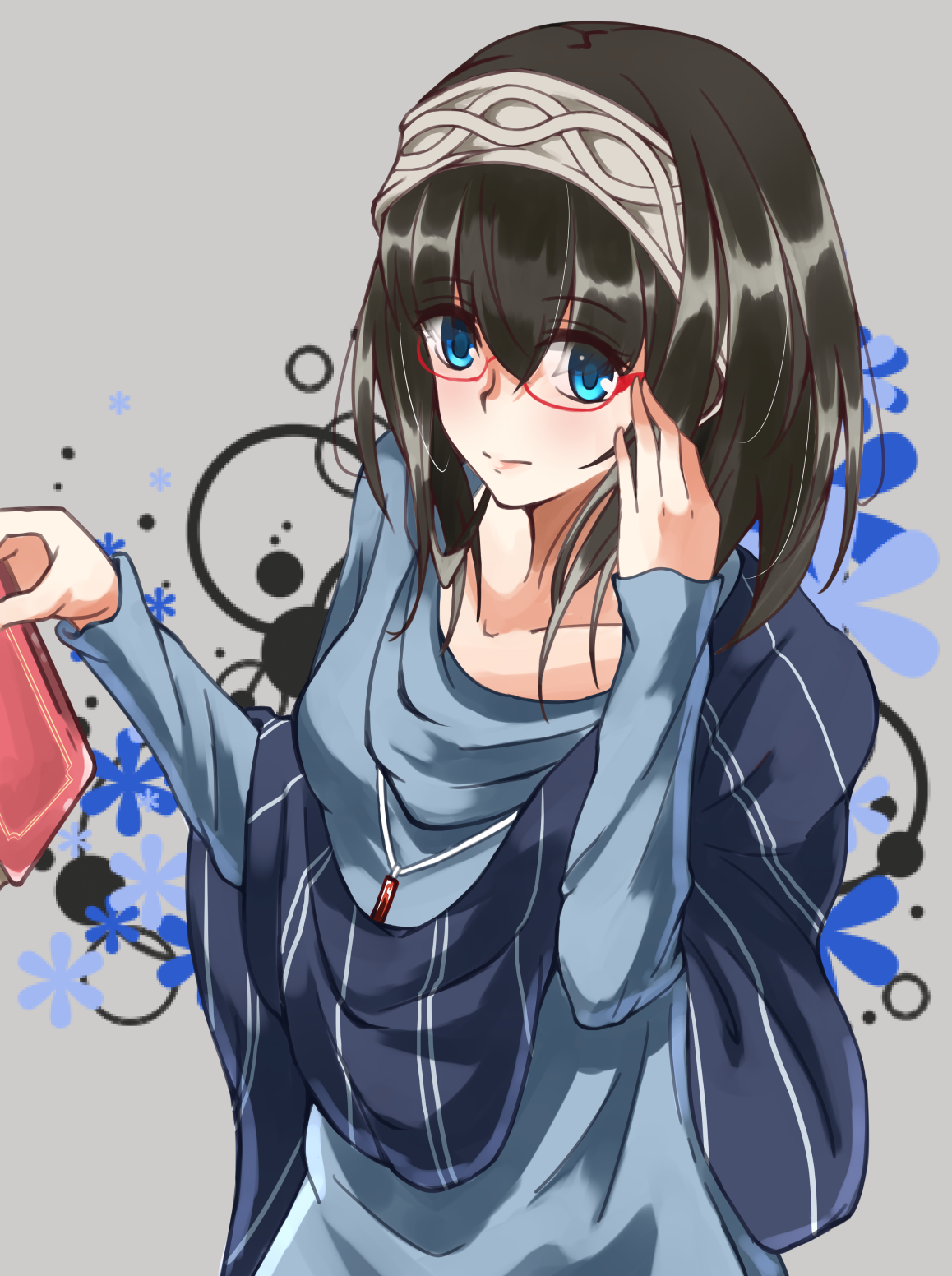 Anime 1158x1552 anime anime girls dark hair blue eyes women with glasses Pixiv gray background looking at viewer long hair