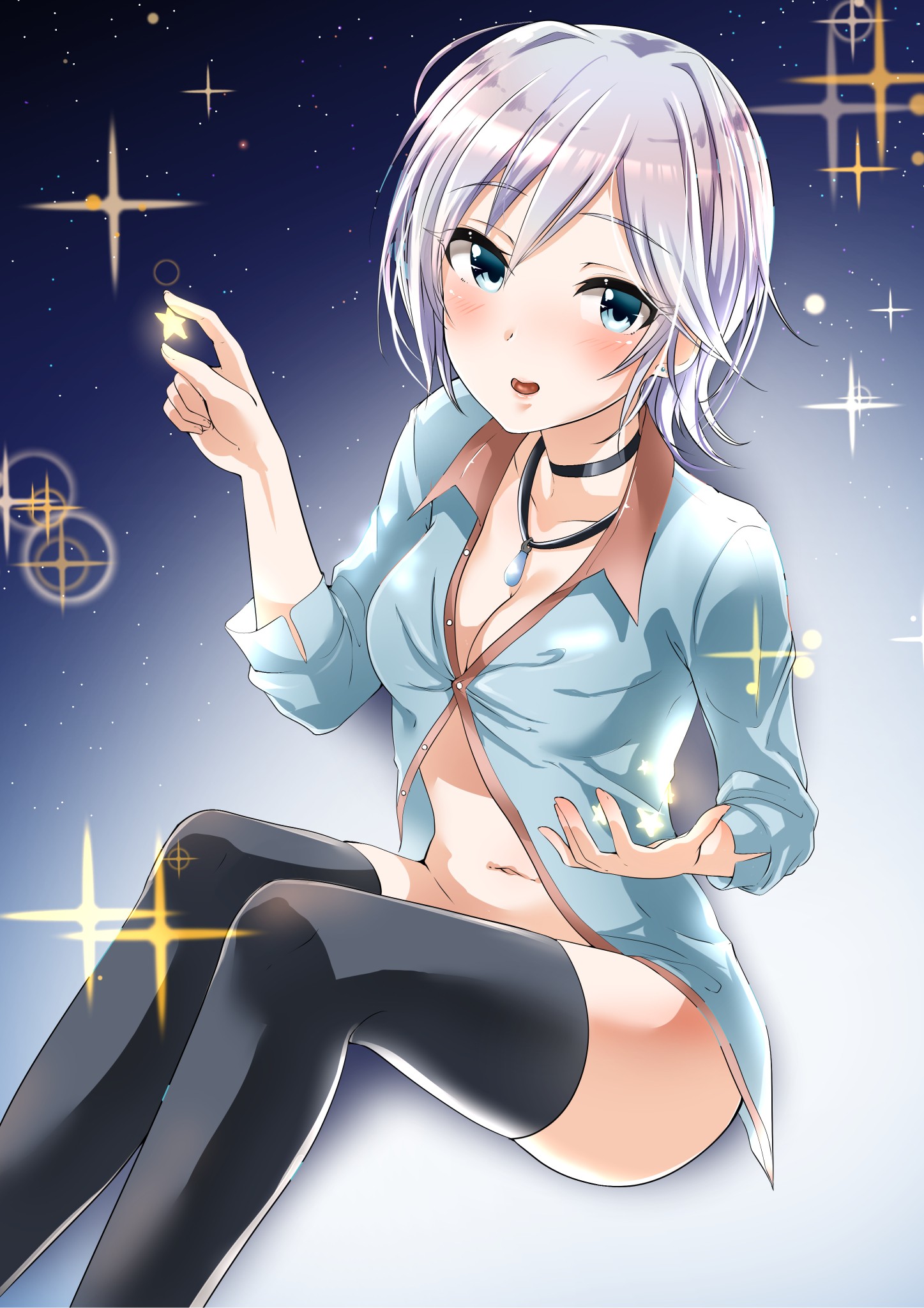 Anime 1447x2047 anime anime girls THE iDOLM@STER THE iDOLM@STER: Cinderella Girls white hair stockings shoulder length hair black stockings Pixiv looking at viewer sitting belly cleavage stars