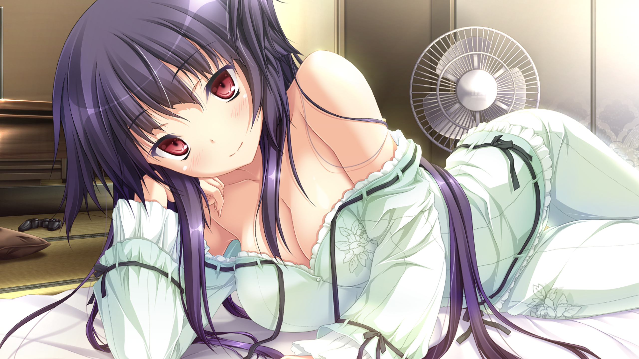 Anime 2560x1440 anime anime girls red eyes big boobs boobs purple hair bare shoulders cleavage Tsukimori Hiro fans curvy looking at viewer on the floor