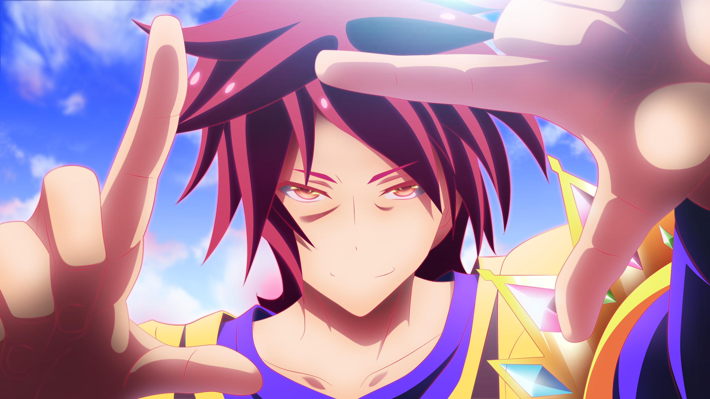 Anime 2365x1329 anime No Game No Life Sora (No Game No Life) anime boys face yellow eyes hand gesture looking at viewer colorful