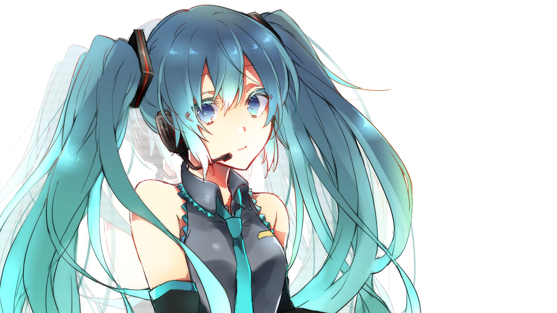 Anime 1920x1080 Vocaloid Hatsune Miku anime girls anime simple background blue eyes tie cyan hair women headsets white background long hair looking at viewer