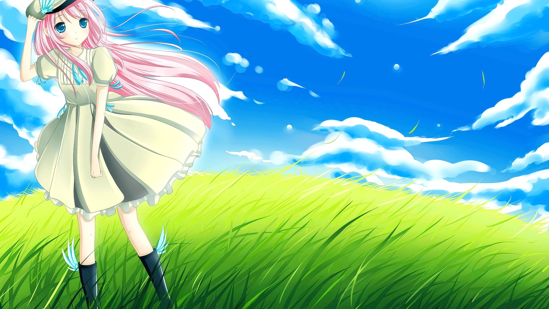 Anime 1920x1080 anime anime girls long hair pink hair blue eyes dress hat sky clouds white dress white clothing grass windy women outdoors standing looking away