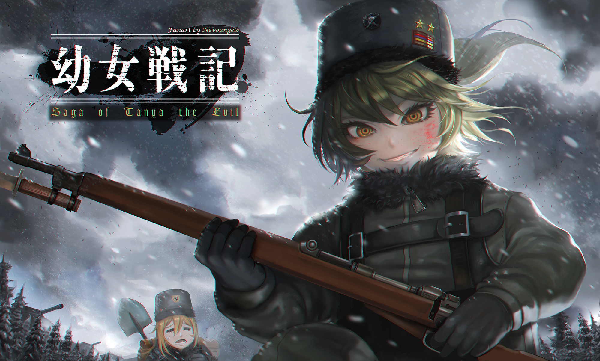 Anime 2000x1205 Youjo Senki anime girls 2D loli rifles girls with guns female soldier military uniform snowing anime long hair ponytail brunette looking at viewer hair blowing in the wind clouds winter Tanya Degurechaff orange eyes closed eyes smiling open mouth blood spatter low-angle fan art blonde