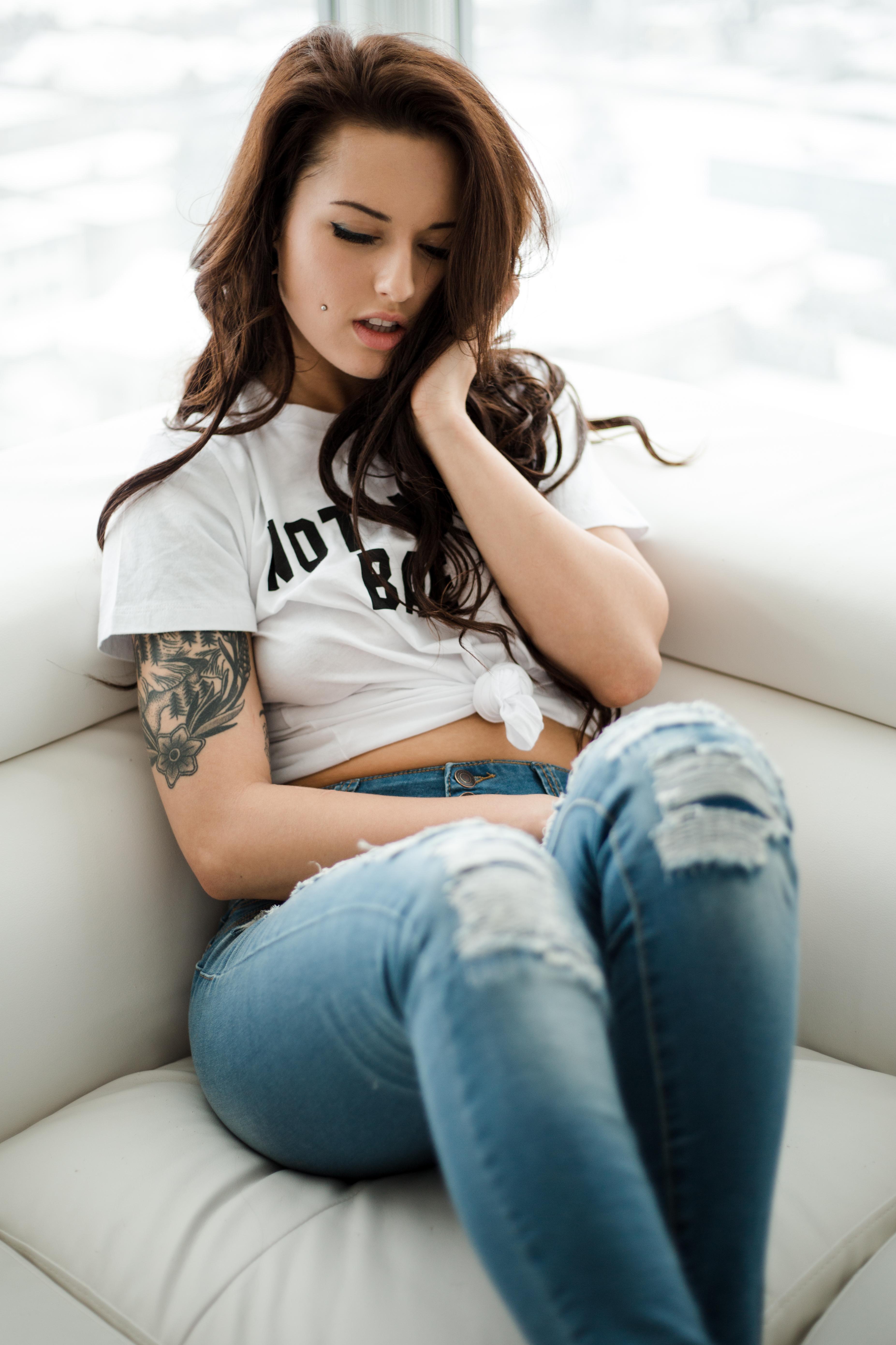 People 3706x5559 Octavia May Suicide Girls model women couch tattoo inked girls torn jeans T-shirt women indoors sitting brunette pierced cheeks portrait display