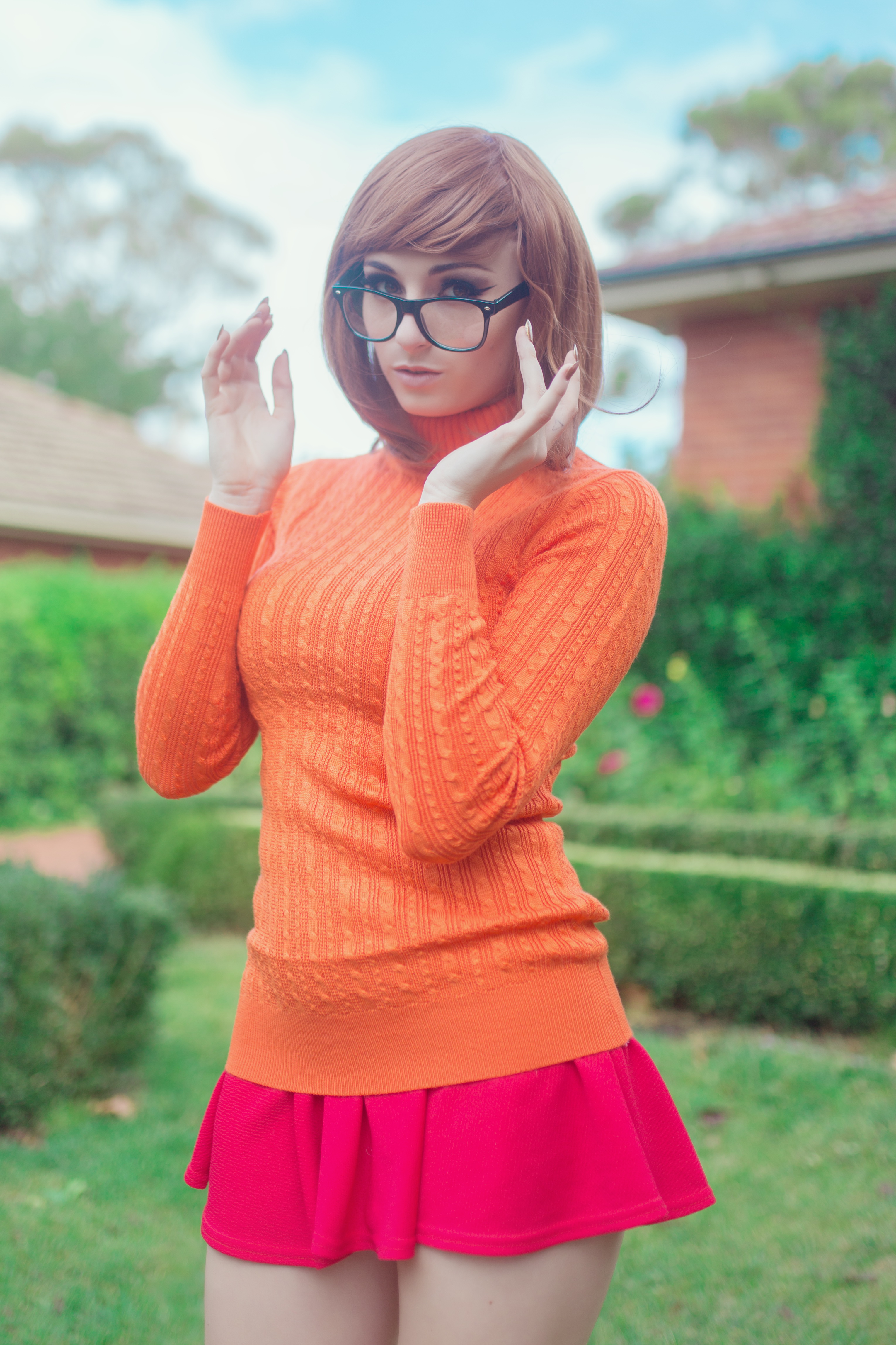 People 3058x4587 Kayla Erin women model women outdoors cosplay Scooby-Doo Velma Dinkley women with glasses turtlenecks sweater miniskirt