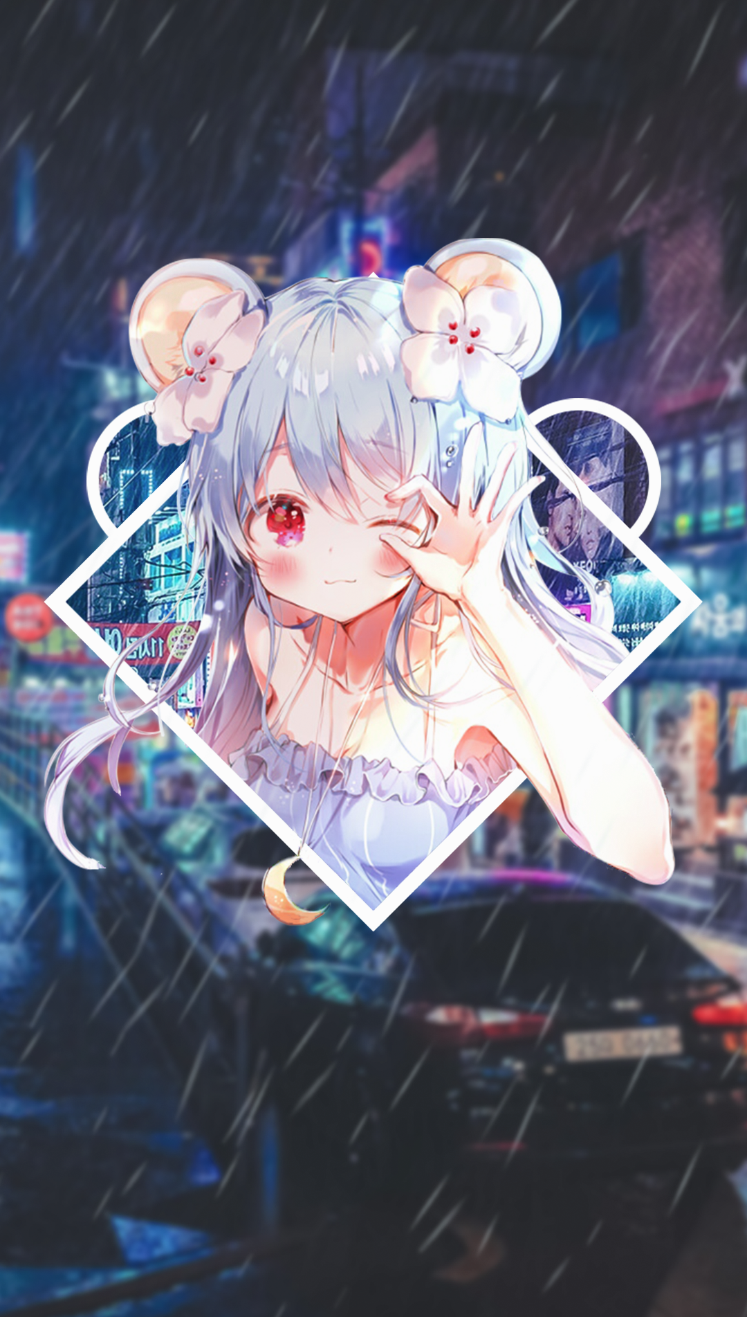 Anime 1080x1902 anime anime girls picture-in-picture road South Korea city neon lights rain cityscape wink mouse ears red eyes blue hair