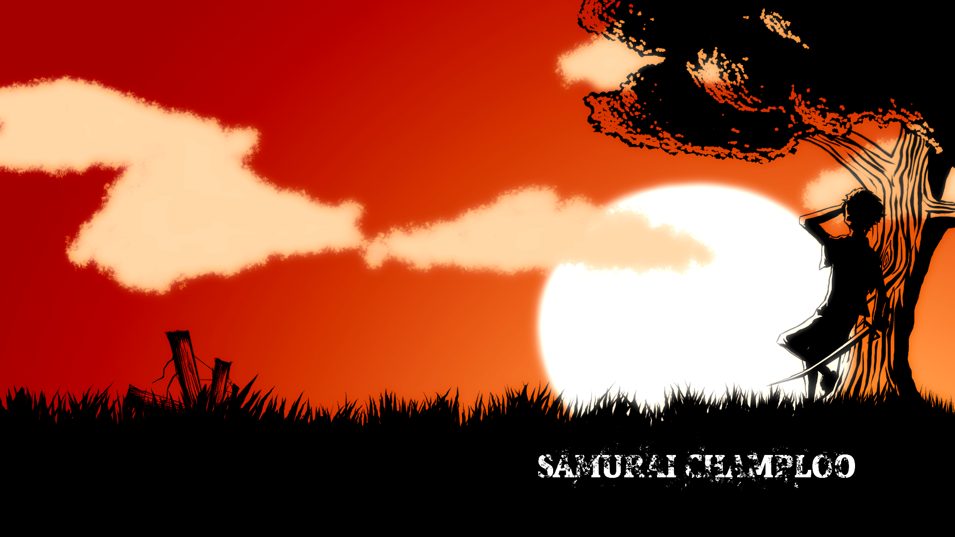 Anime 1920x1080 samurai Samurai Champloo Mugen (Samurai Champloo) sword Mugen (Samurai Champloo) Sun red background sky clouds weapon trees anime boys