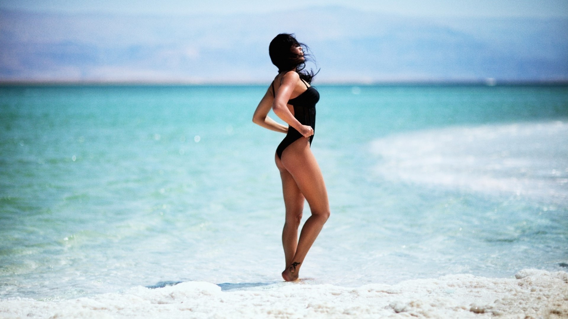 People 1920x1080 sea beach women outdoors water women model Zachar Rise one-piece swimsuit black swimsuit swimwear