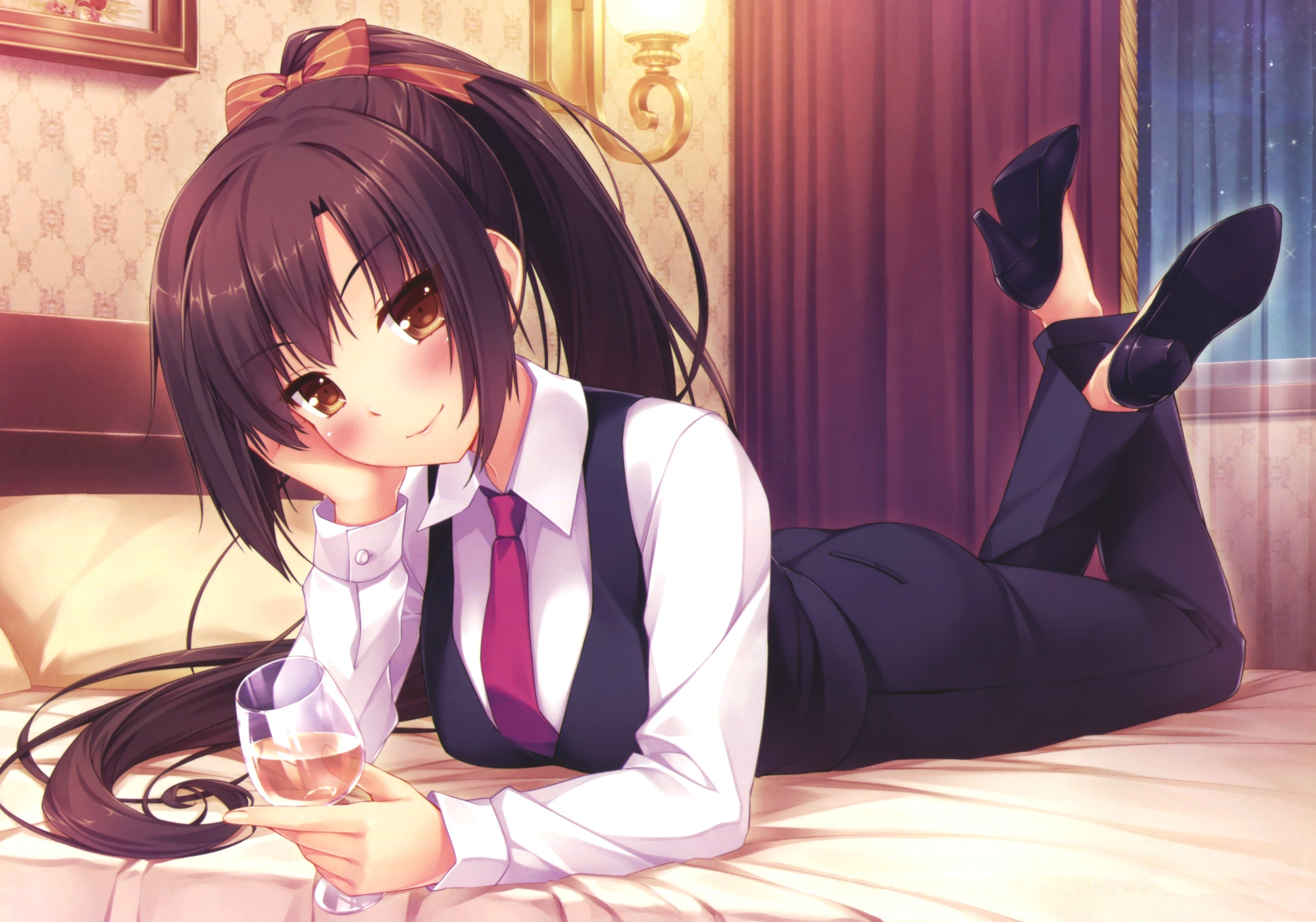 Anime 3401x2382 anime anime girls business suit brunette long hair brown eyes drink lying on front
