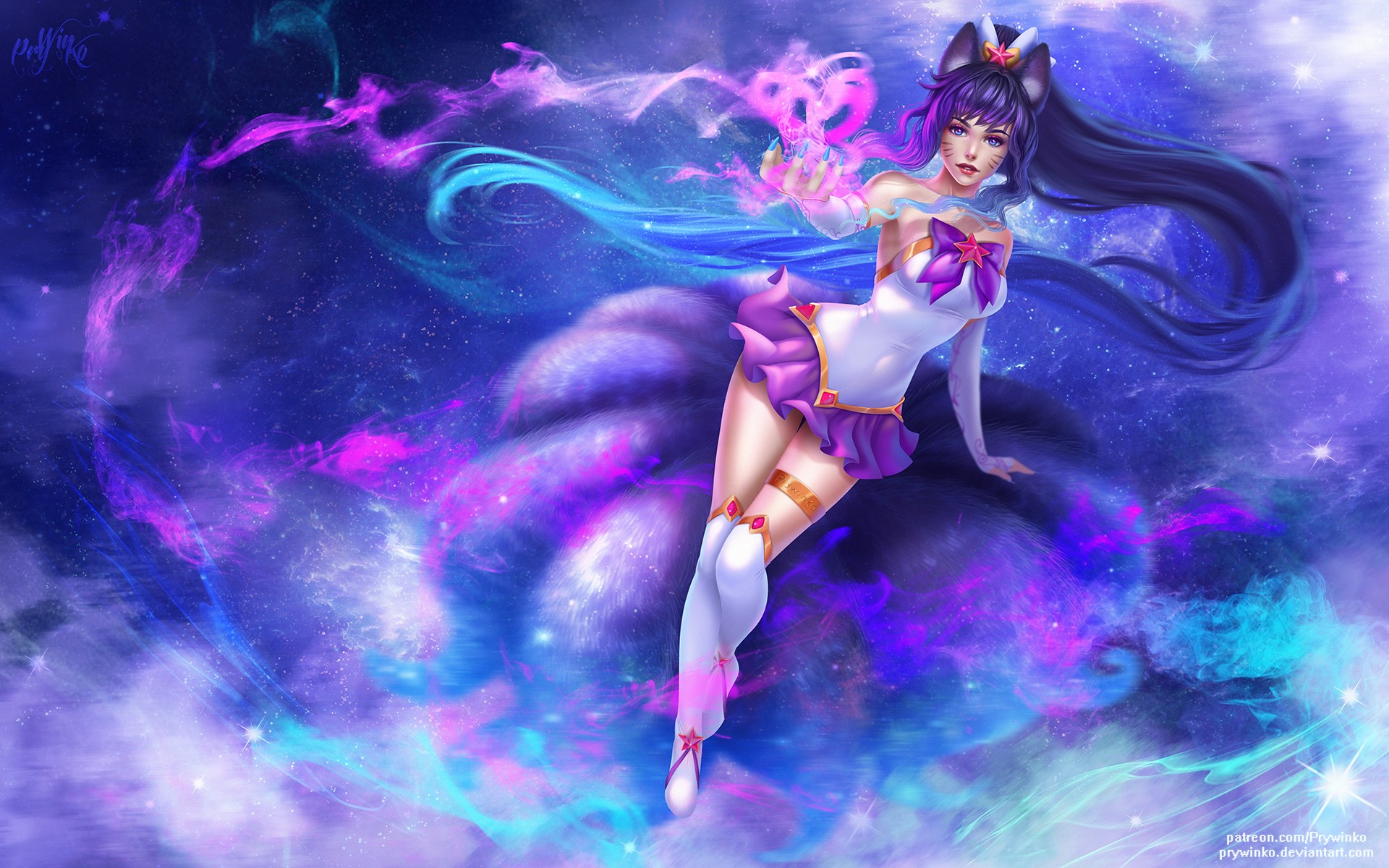 Anime 1920x1200 Ahri (League of Legends) animal ears fox girl tail ponytail elbow gloves thigh-highs Star Guardian Prywinko