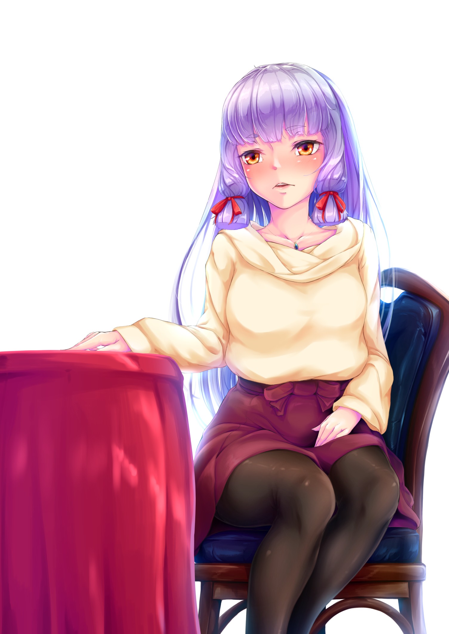 Anime 1505x2125 anime anime girls long hair purple hair orange eyes sweater skirt stockings