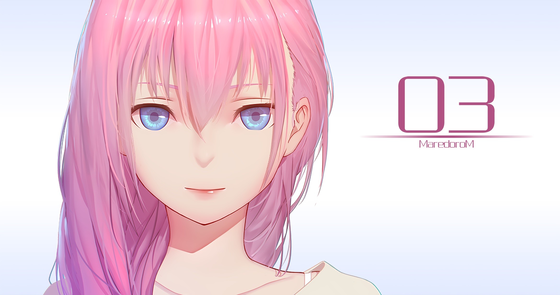 Anime 2338x1234 anime girls pink hair Megurine Luka Vocaloid blue eyes simple background anime women face closeup portrait looking at viewer long hair Pixiv numbers