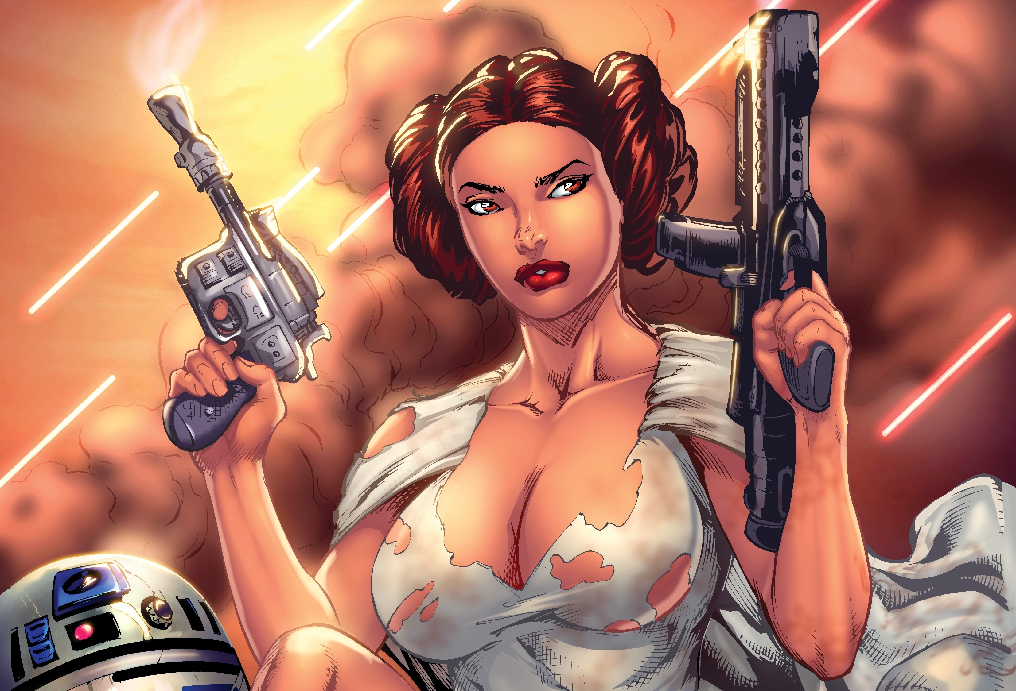 General 3309x2252 Leia Organa artwork Star Wars big boobs blaster R2-D2 looking away boobs science fiction Star Wars Heroes Star Wars Droids red lipstick women science fiction women redhead torn clothes cleavage movie characters digital art