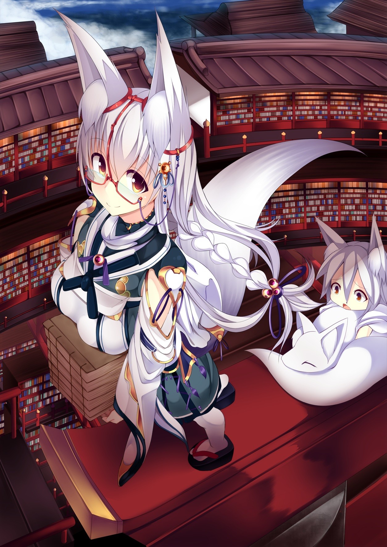Anime 1254x1771 anime anime girls animal ears tail library fox girl original characters women with glasses long hair