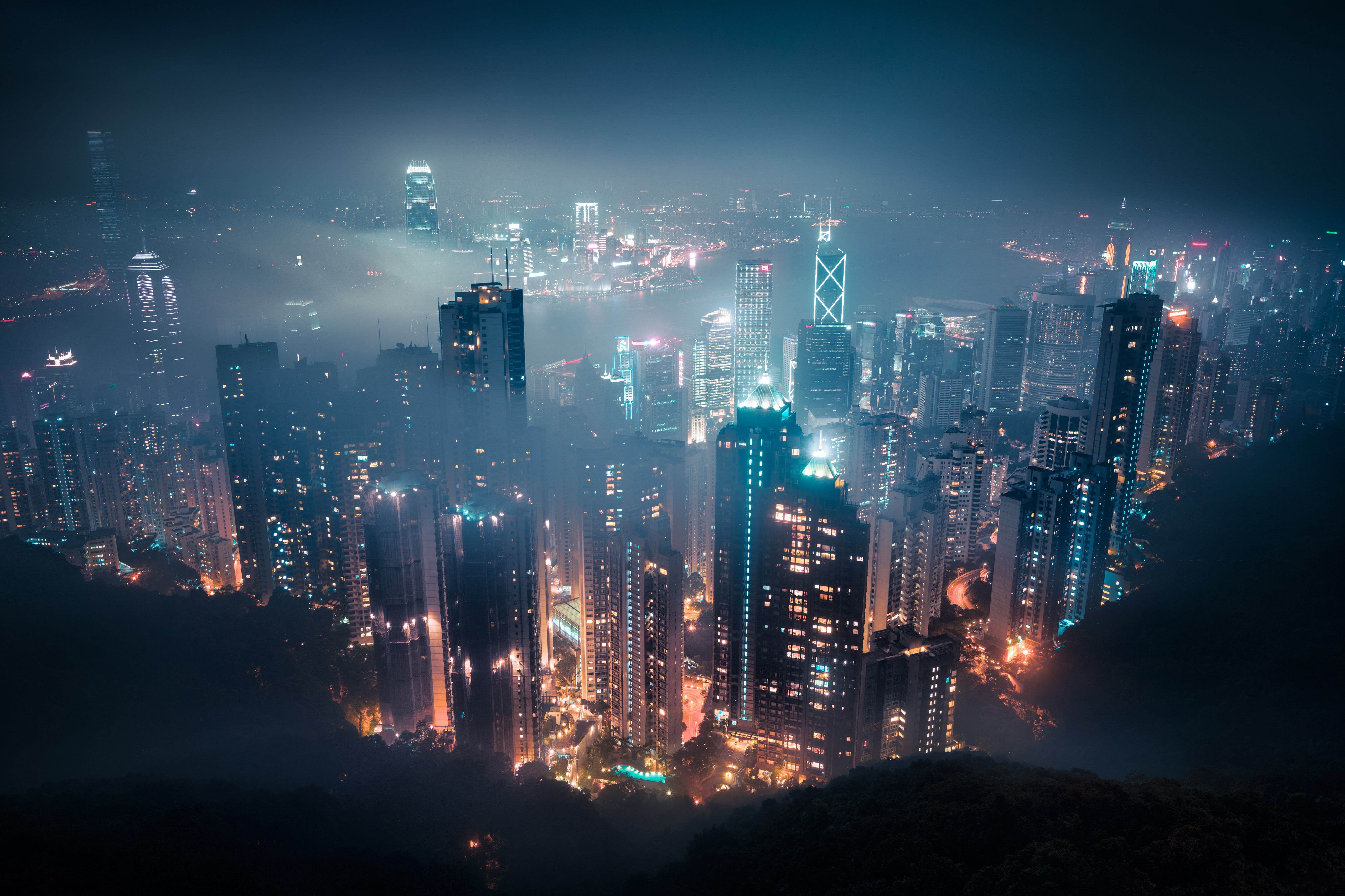 General 5120x3413 cityscape mist night Hong Kong lights China Asia city lights