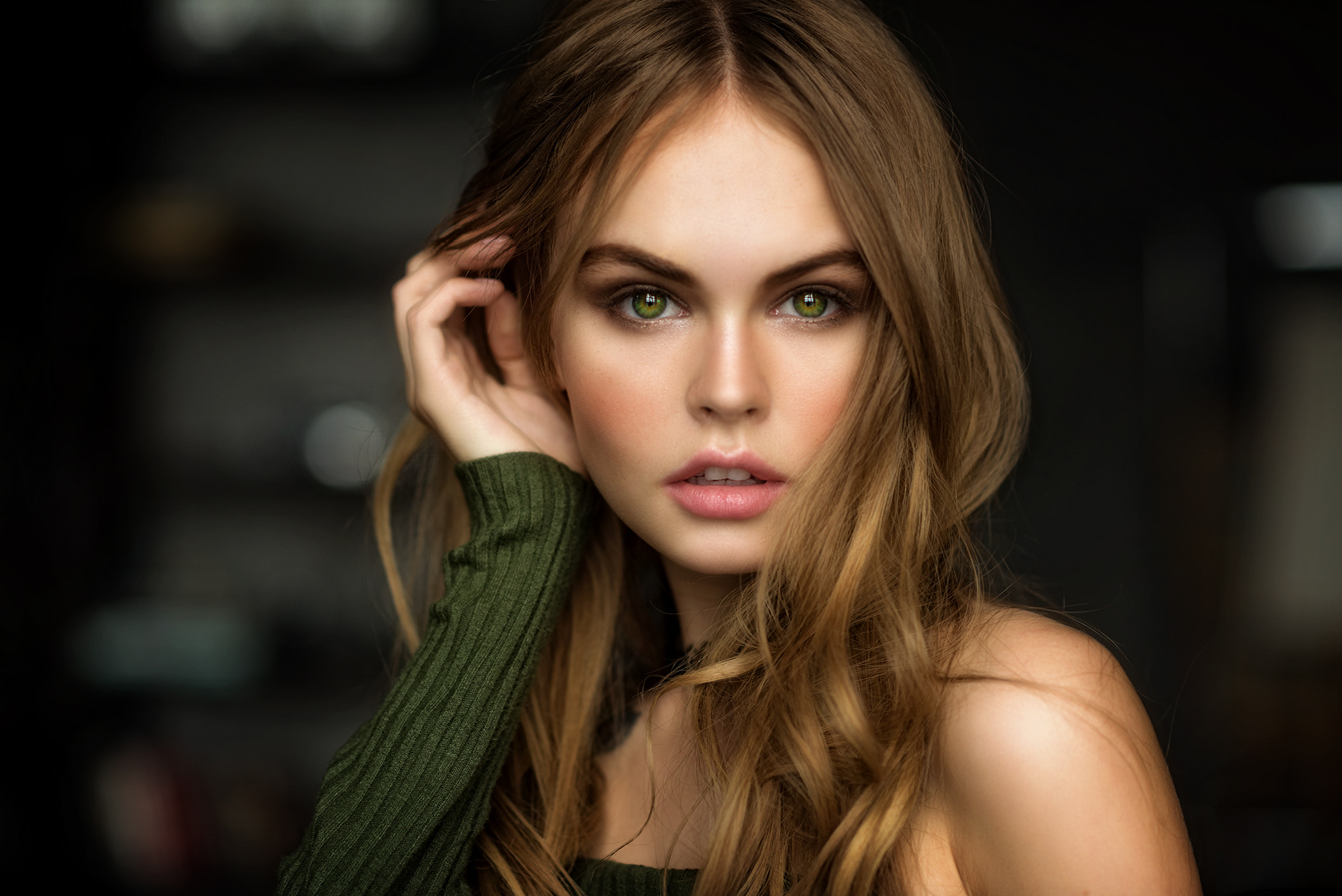 People 2048x1367 women Anastasia Scheglova green eyes blonde model face portrait green sweater green clothing closeup