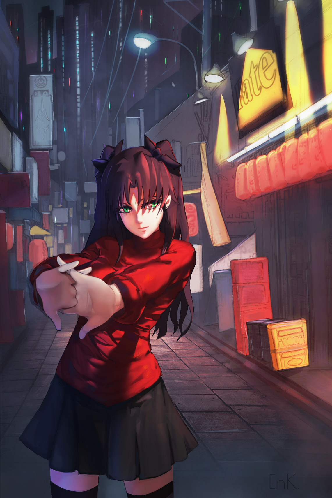 Anime 1141x1709 Fate/Stay Night: Unlimited Blade Works Fate/Stay Night Fate series JK twintails thighs black stockings 2D black ribbons bangs hair in face curvy small boobs green eyes red sweater black skirts alleyway women outdoors pleated skirt Tohsaka Rin looking at viewer anime long hair black hair street light fan art portrait display