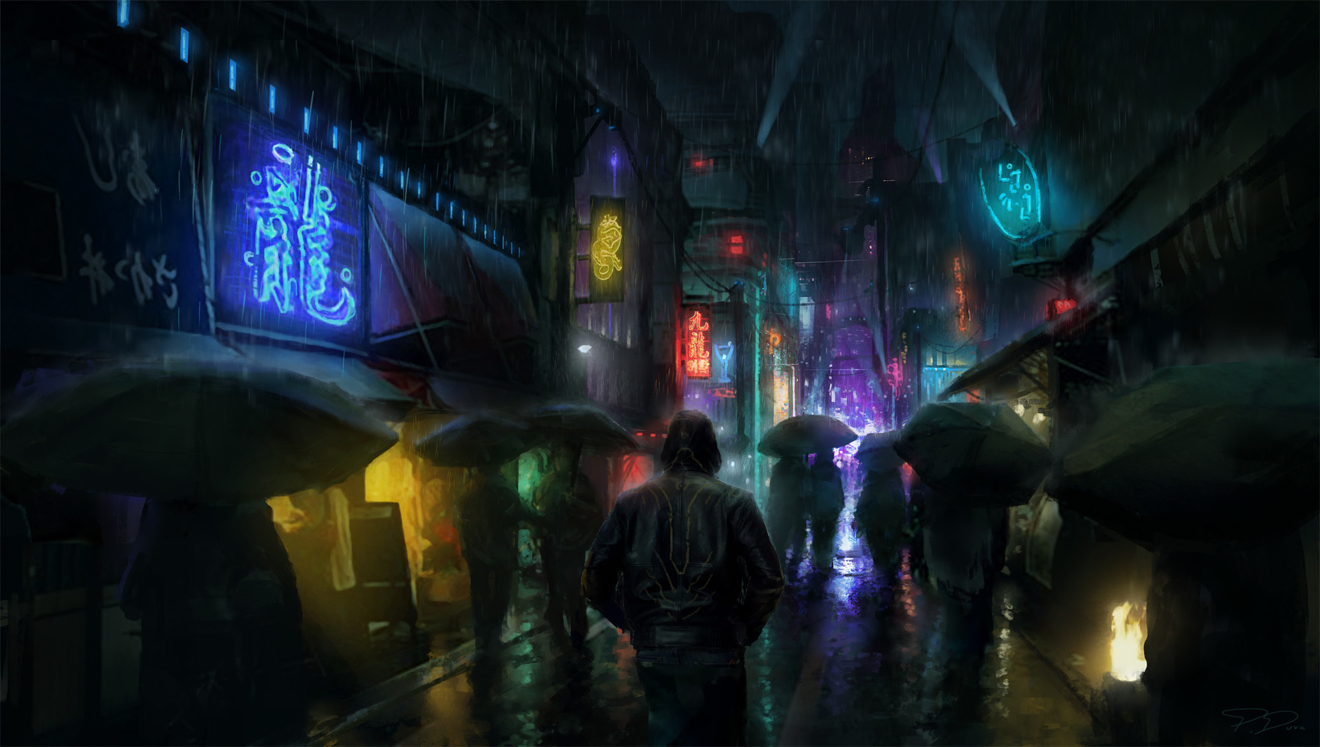 General 1920x1087 science fiction cyberpunk digital art urban street futuristic city artwork umbrella rain watermarked