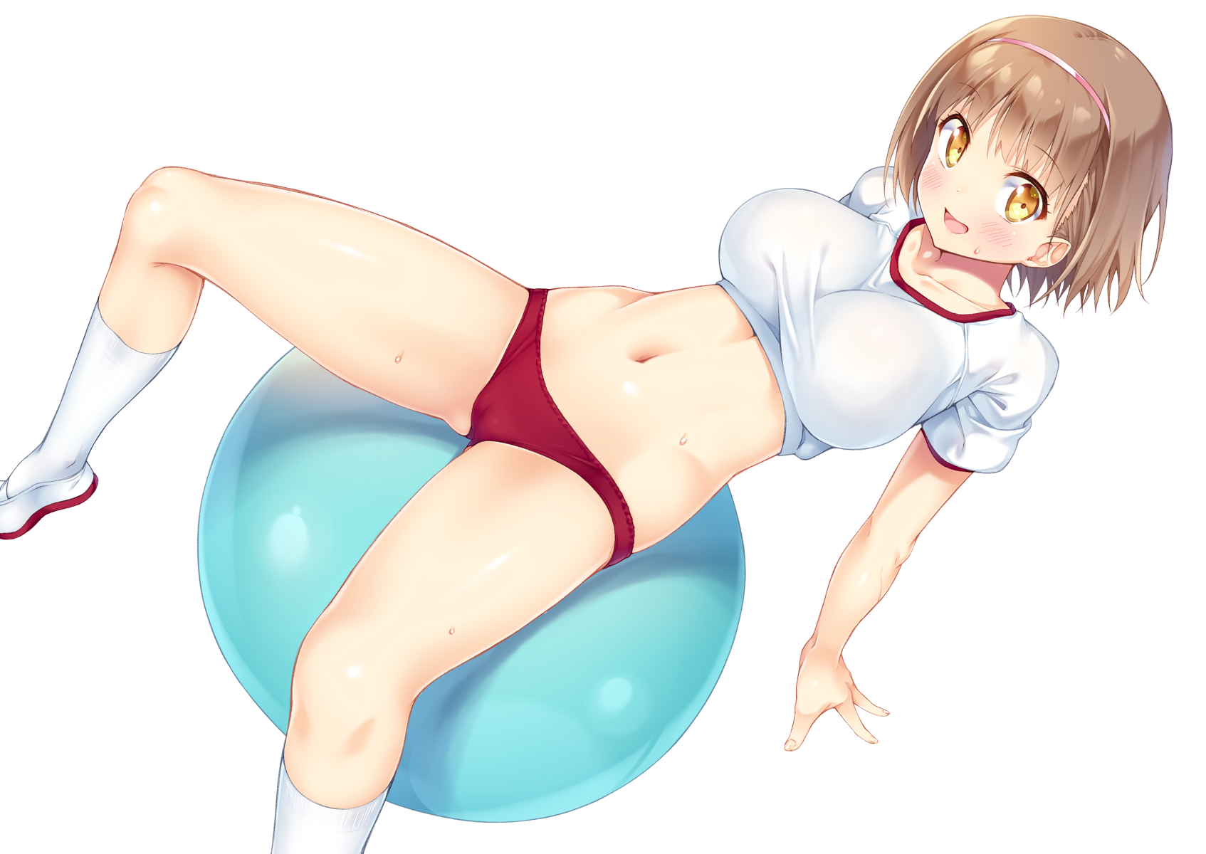 Anime 1694x1200 cameltoe gym clothes boobs gyms short hair white background headdress panties blushing brunette yellow eyes ball exercise ball original characters boob pockets