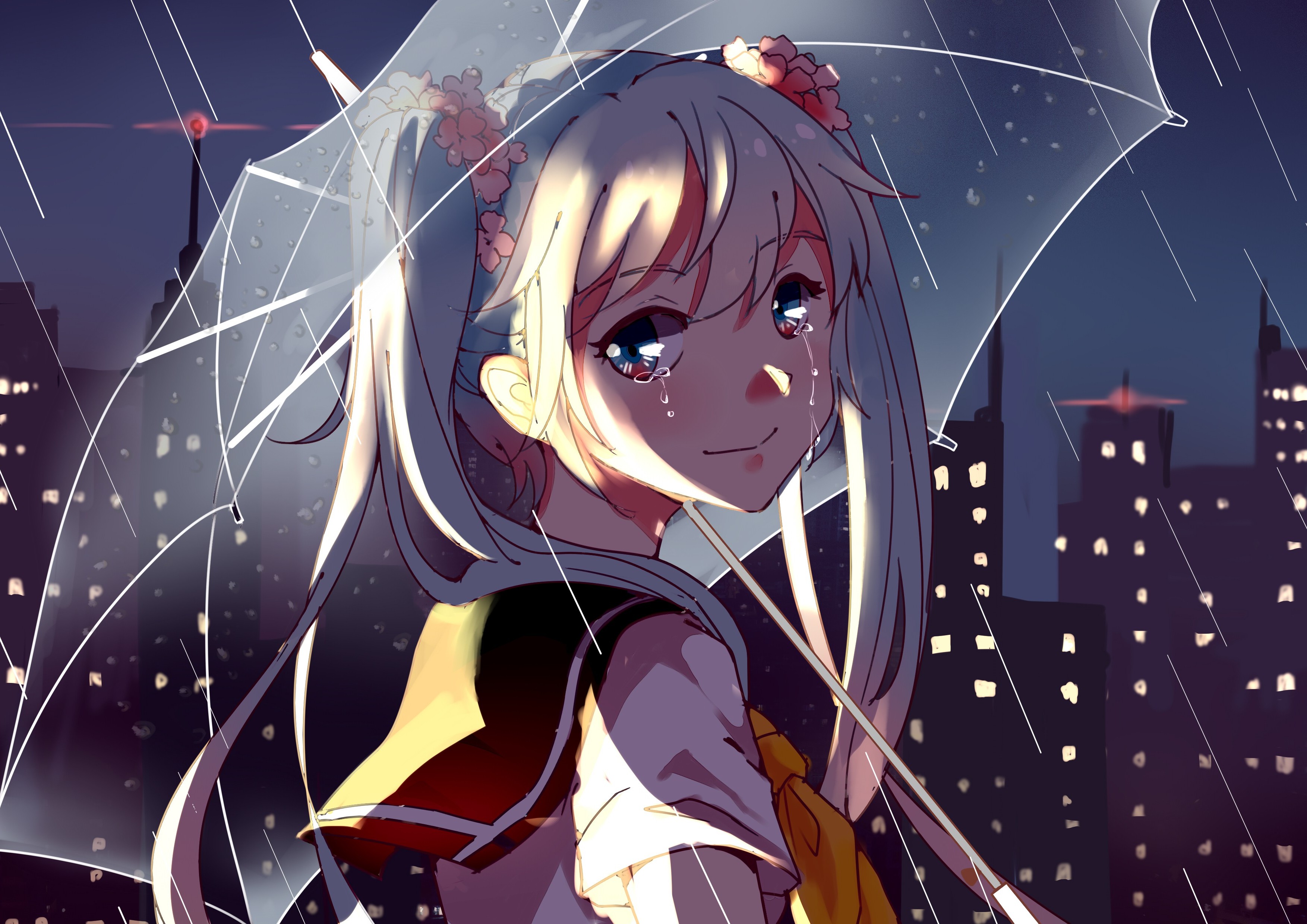 Anime 3507x2480 cityscape Vocaloid Hatsune Miku crying umbrella sailor uniform tears
