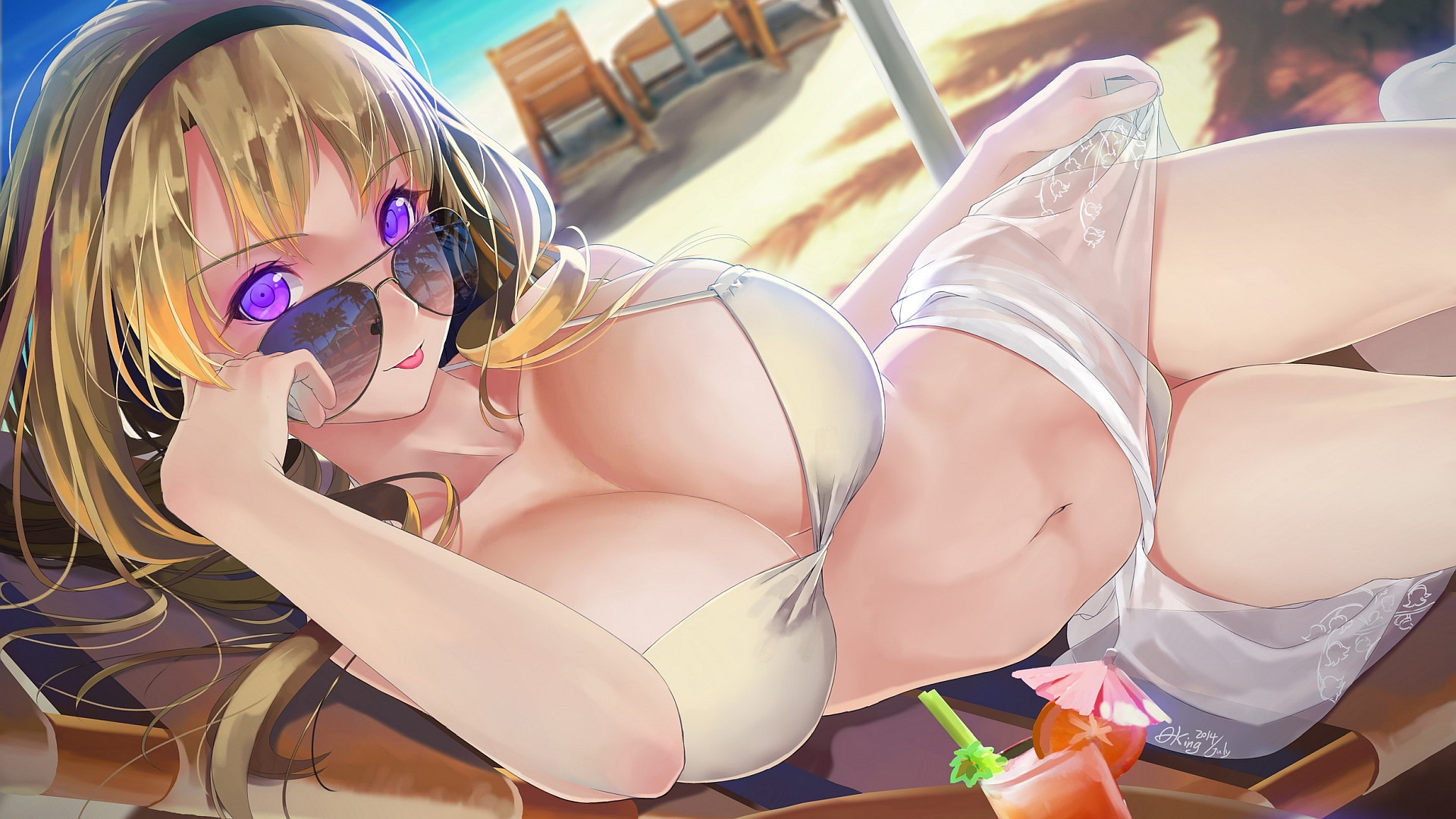 Anime 1920x1080 blonde big boobs cleavage bikini glasses tongue out beach anime girls okingjo anime boobs huge breasts hair ribbon purple eyes shades women with shades women outdoors outdoors women on beach lying on side belly tongues looking at viewer