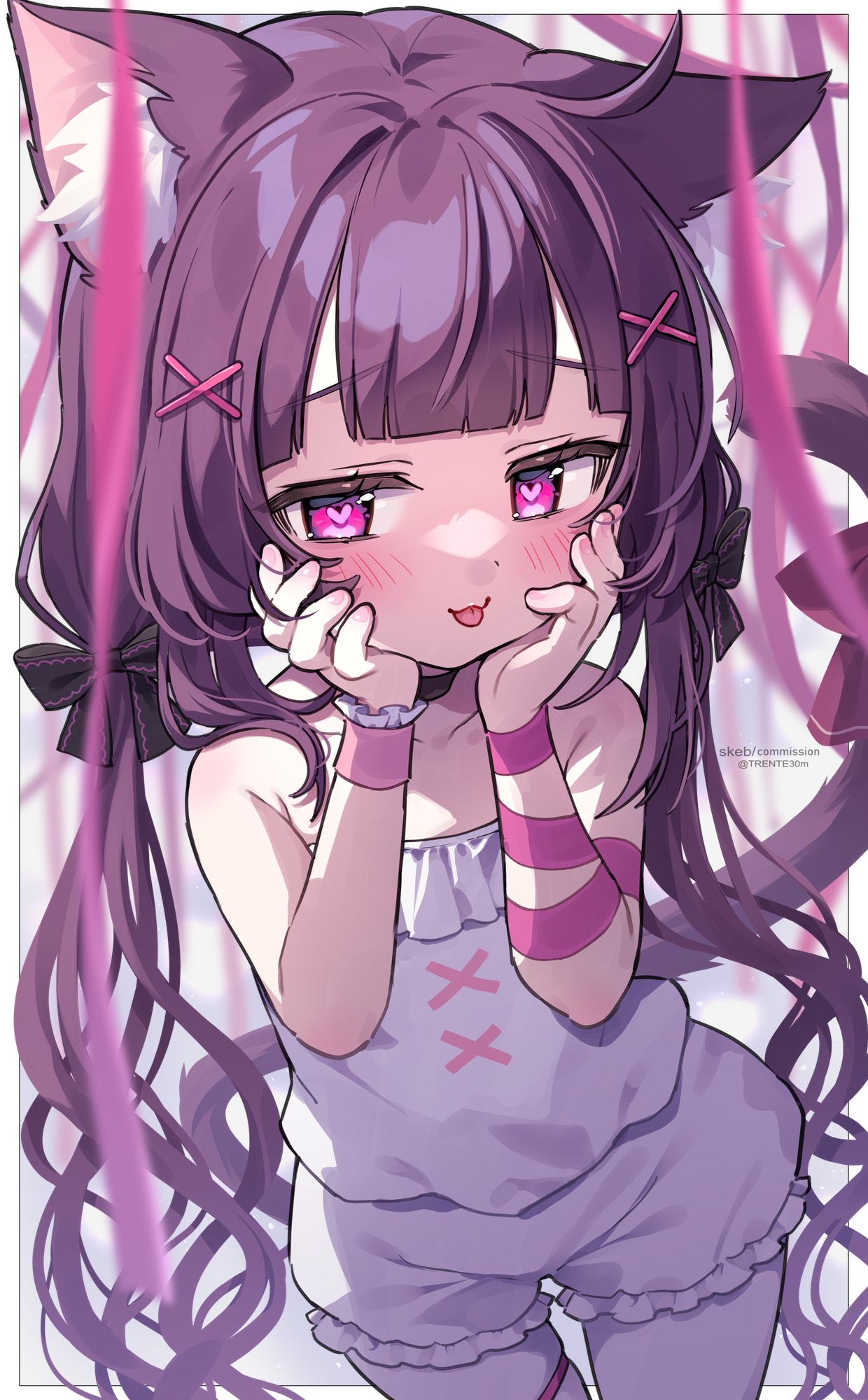 Anime 1240x2000 anime girls cat ears cat girl Virtual Youtuber loli fallenshadow heart eyes long hair hand on face cat tail looking at viewer blushing collarbone ribbon indie virtual youtuber TRENTE30m tongues tongue out hair bows bare shoulders standing purple hair purple eyes watermarked ahoge touching face blunt bangs twintails strapless shirt choker pyjamas skindentation smiling