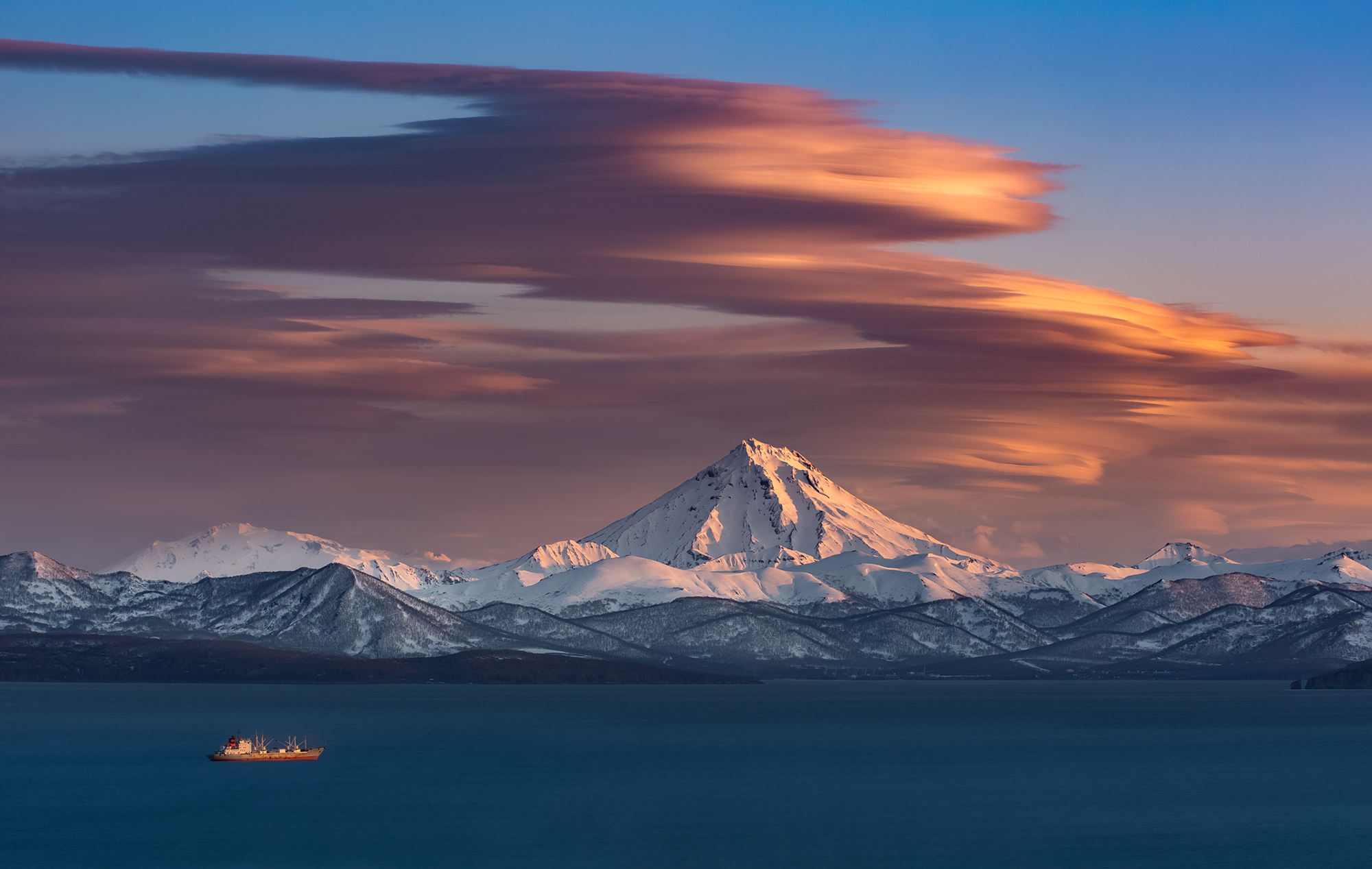 General 2000x1268 mountains snowy peak snow water sunset clouds nature sky reflection sunset glow mountain chain boat