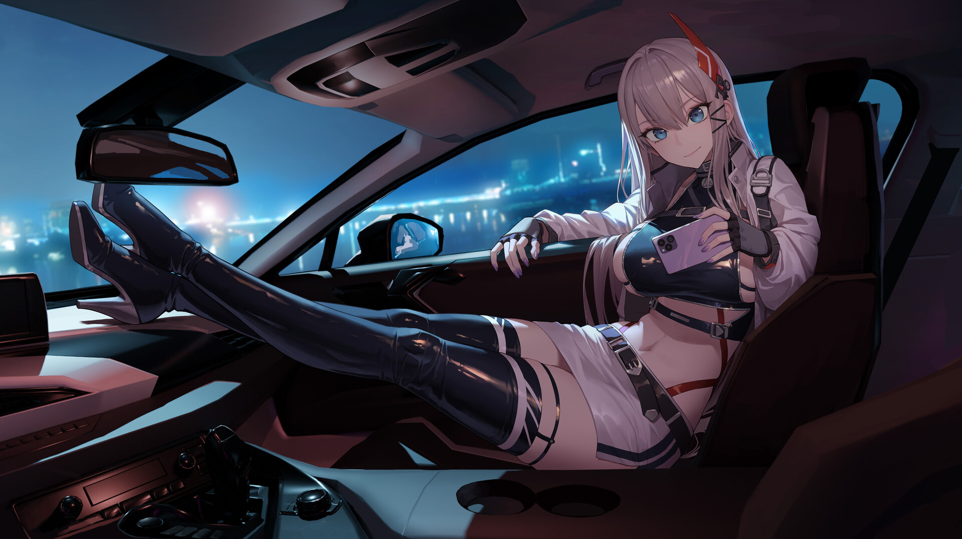 Anime 1920x1077 XZU anime girls skimpy clothes car interior thigh high boots smiling closed mouth sitting hair between eyes blonde blue eyes vehicle sideboob big boobs feet crossed drawing night rearview mirror car seat thighs belly belly button shoe sole city lights anime miniskirt belt phone holding phone mirror