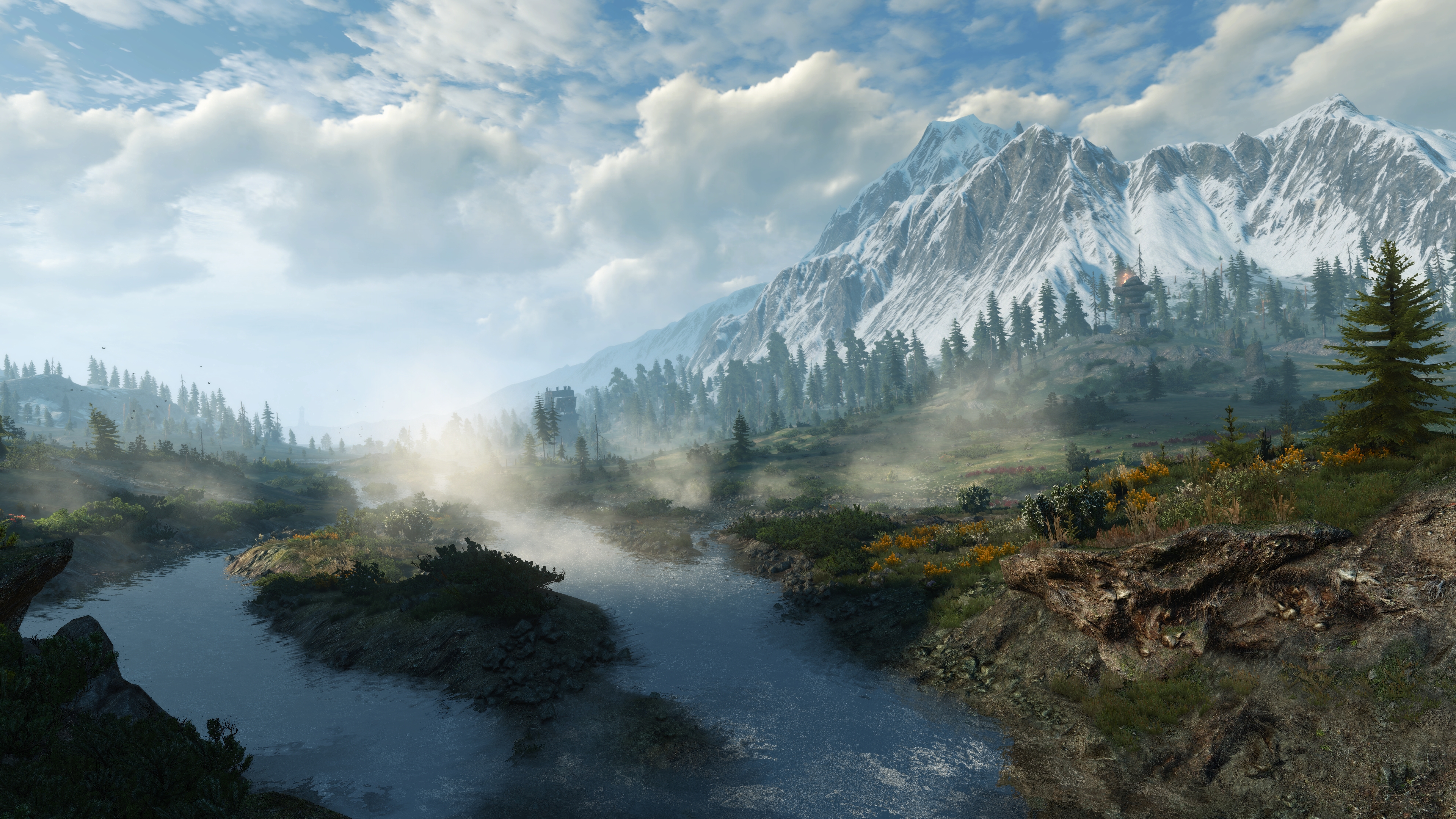 General 3840x2160 The Witcher 3: Wild Hunt PC gaming screen shot mountains river landscape video games video game art water snowy mountain snow trees forest CGI sunlight