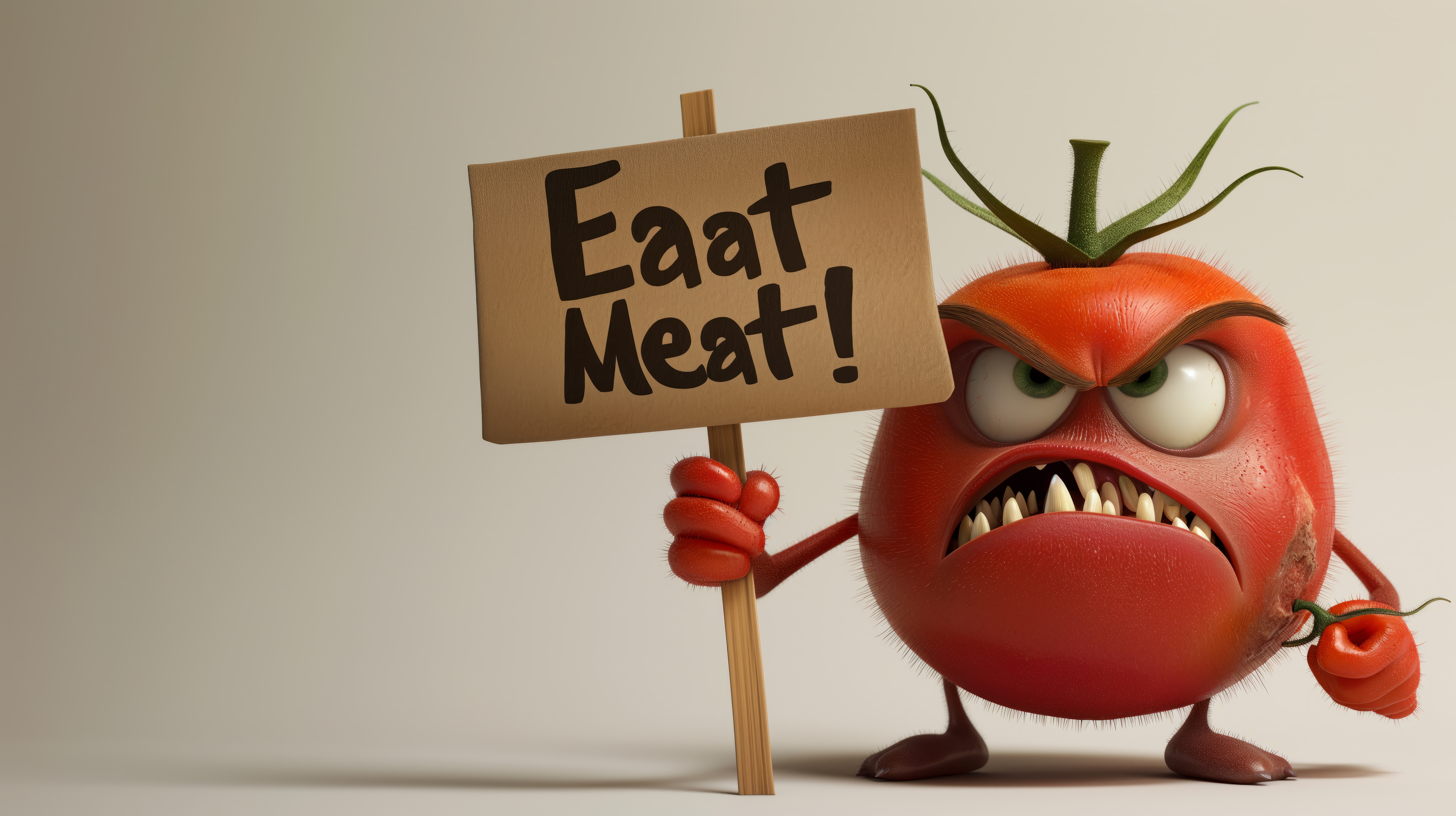 General 5824x3264 AI art cartoon sign tomatoes text meat teeth angry fruit standing minimalism simple background exclamation mark digital art