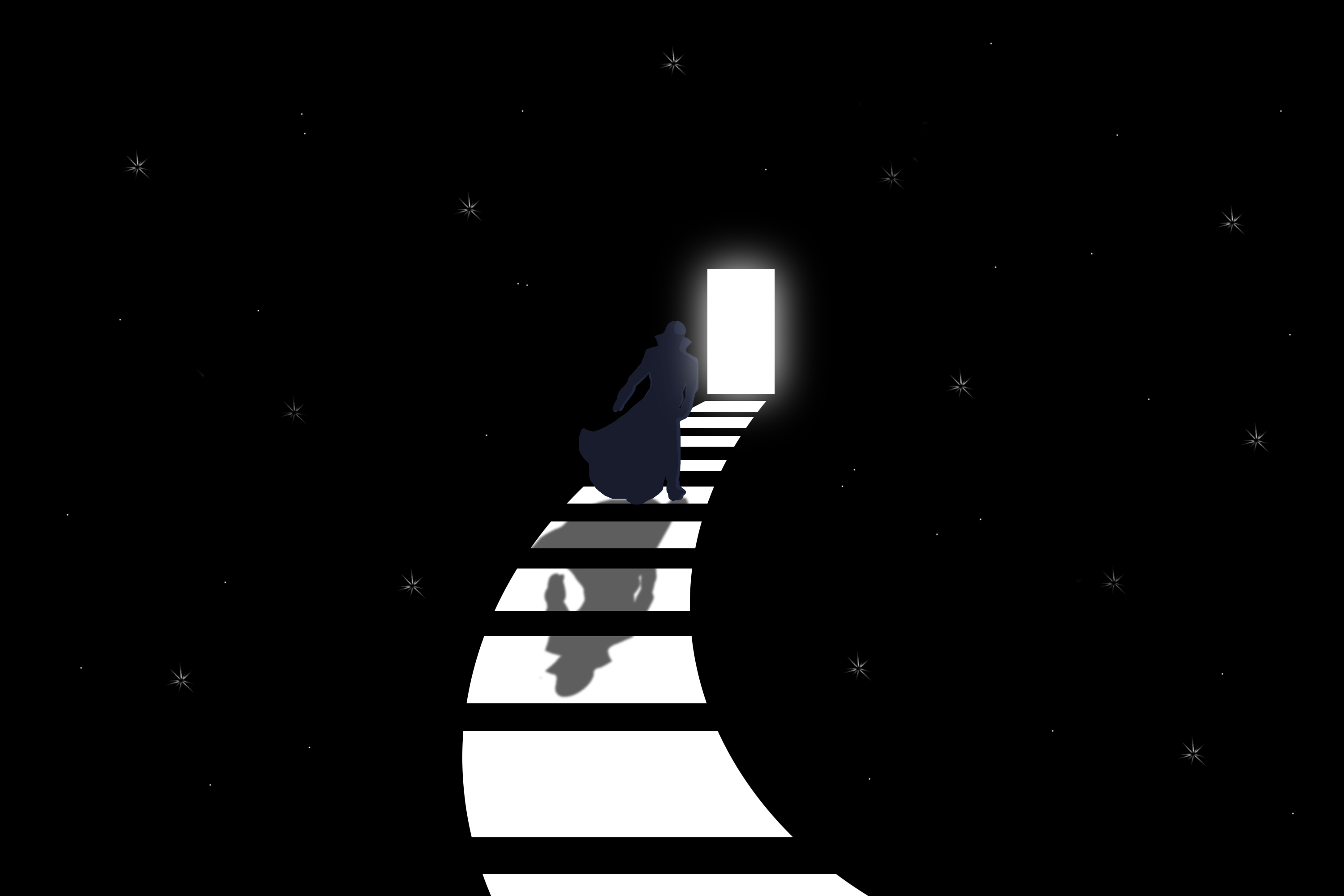 General 3000x2000 stairs night shadow stars door lights simple background cape digital art minimalism
