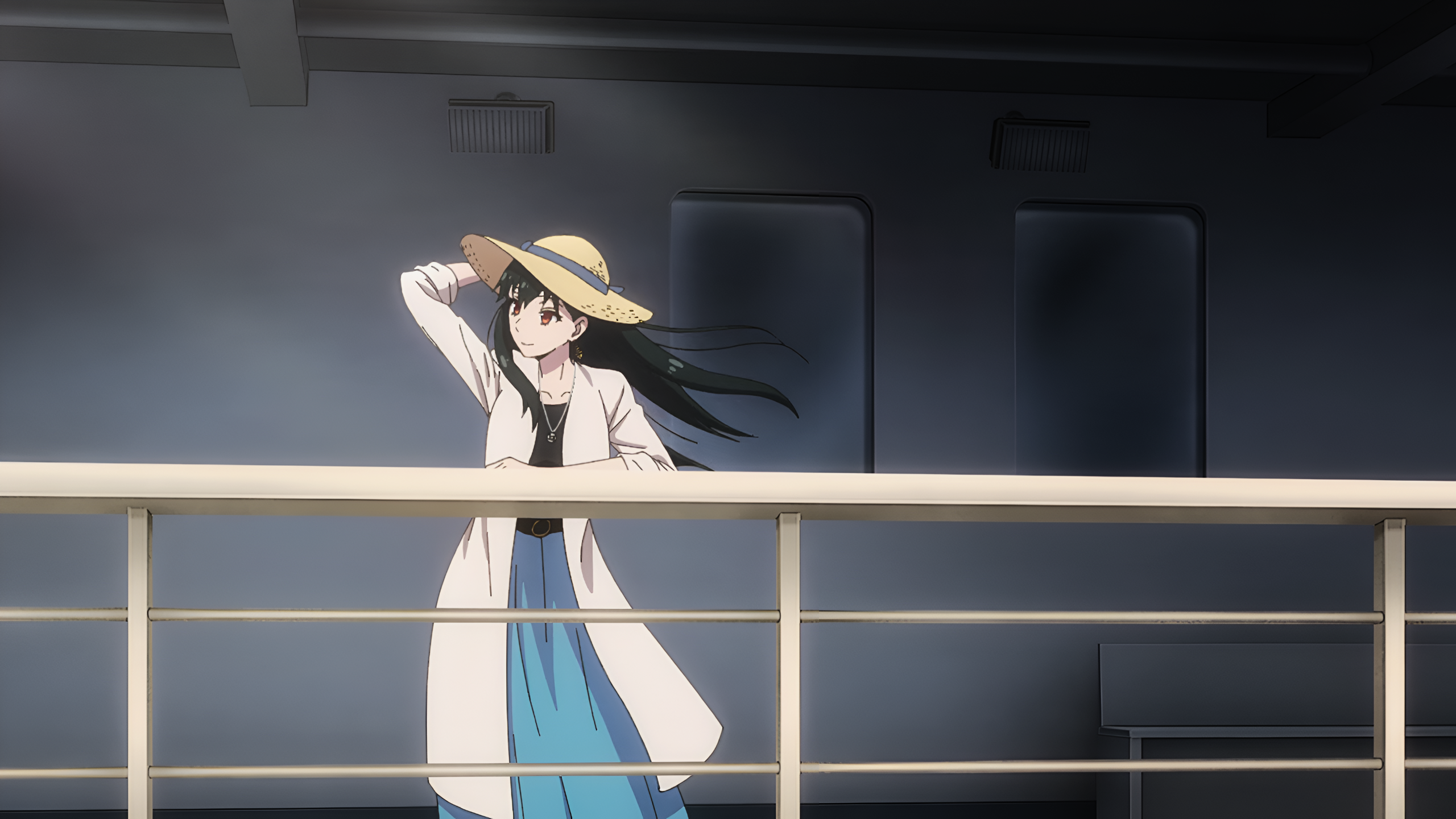 Anime 2560x1440 Spy x Family Yor Forger straw hat anime girls anime Anime screenshot looking away long hair hair blowing in the wind wind dress necklace closed mouth smiling black hair red eyes sunlight