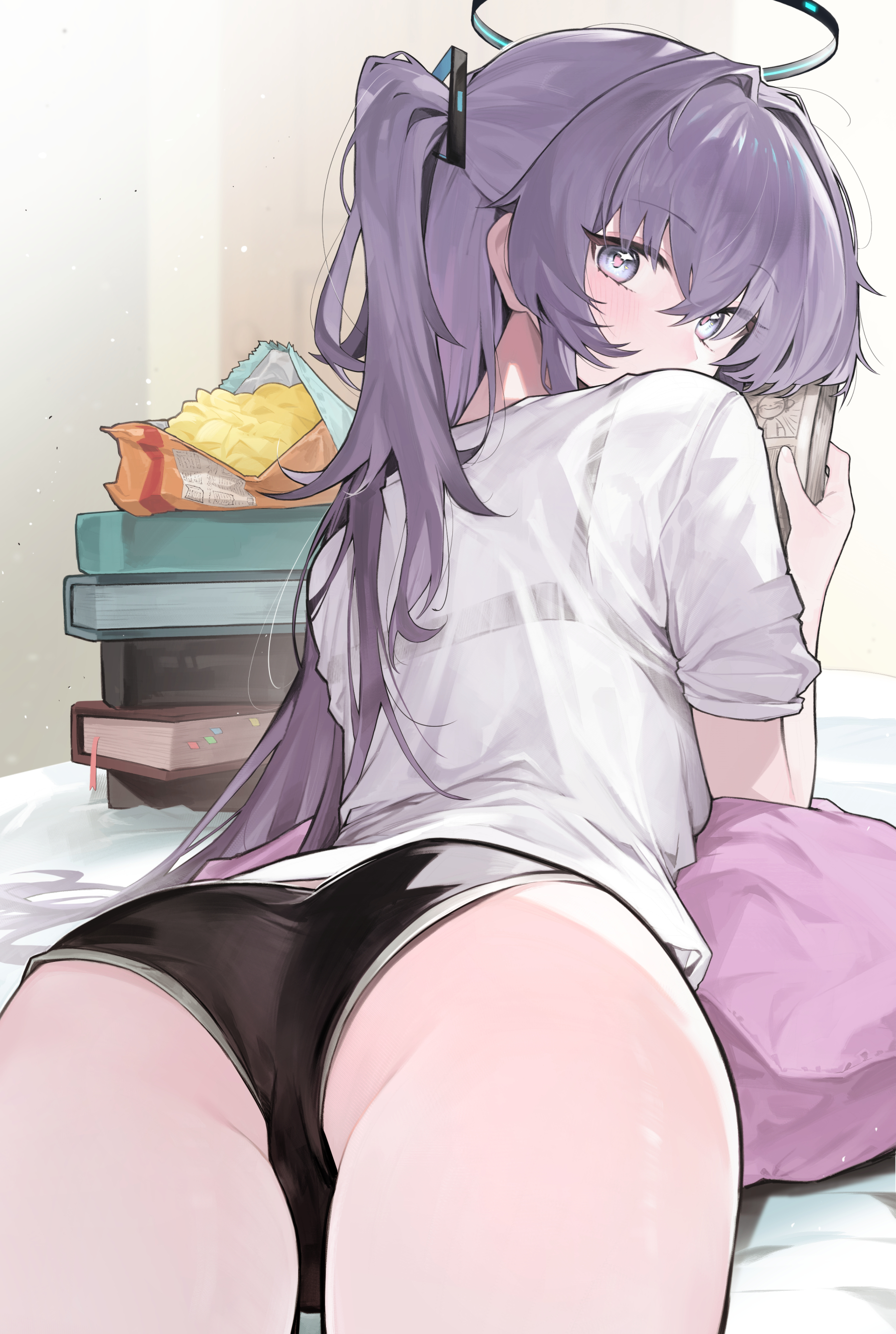 Anime 1789x2660 anime anime girls Hayase Yuuka ass looking back books purple hair shorts Blue Archive long hair looking at viewer pillow portrait display blue eyes indoors women indoors short shorts blushing lying down lying on front bed chips in bed bra hair between eyes