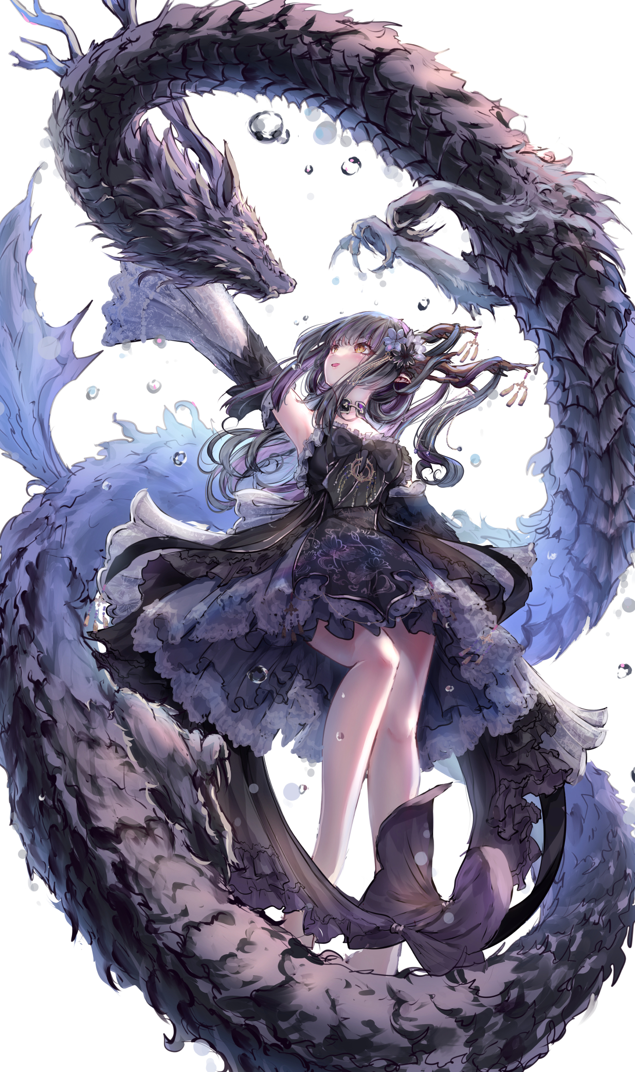 Anime 1235x2083 anime anime girls dragon Chinese dragon missile228 creature water drops looking up detached sleeves armpits pointy ears open mouth flower in hair long hair black dress smiling lolita fashion horns dress frills legs white background claws