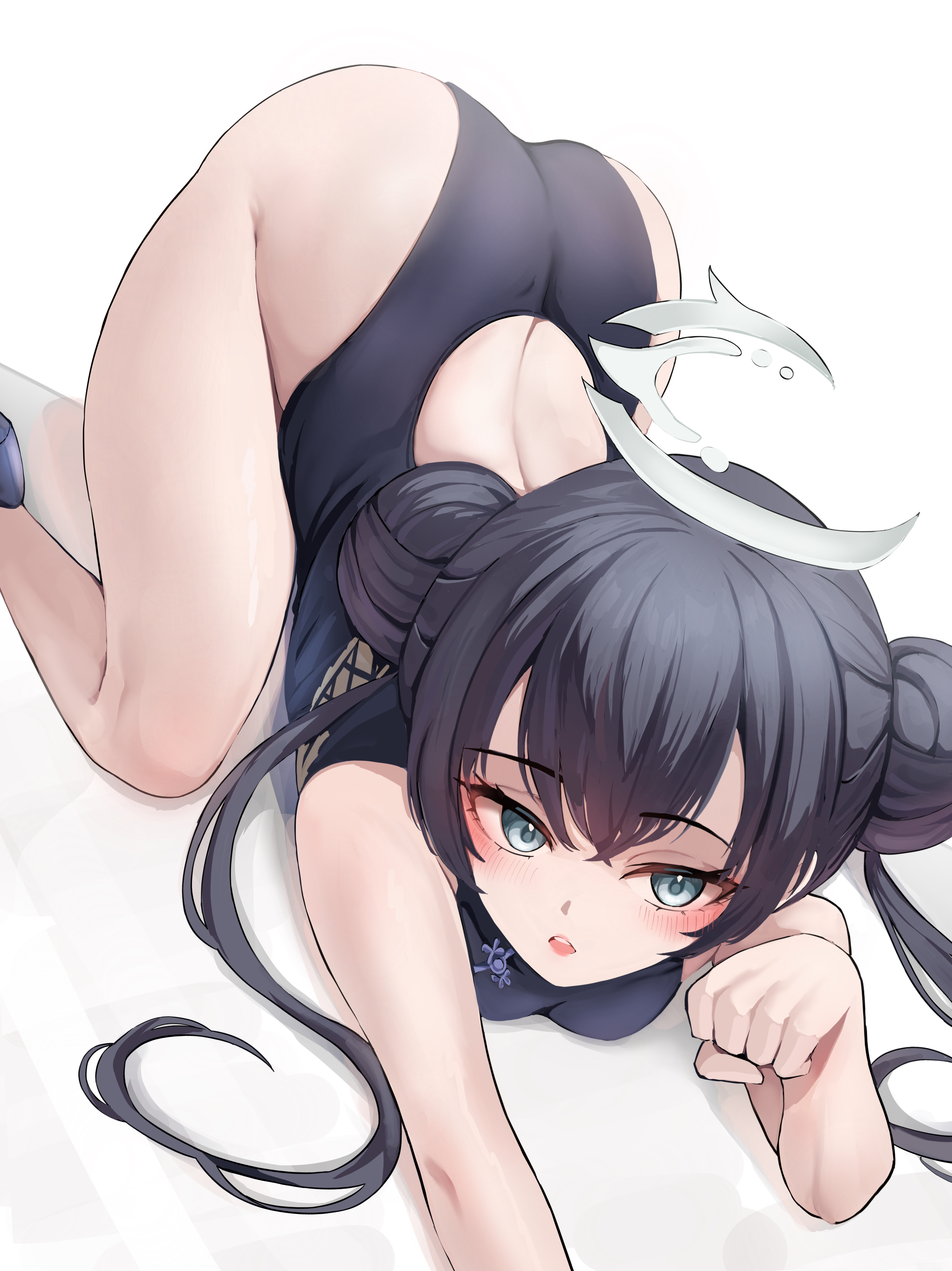 Anime 5064x6762 Blue Archive bent over portrait display anime girls Kisaki (Blue Archive) ass Fluffyebi01 Chinese dress Chinese clothing leotard blue eyes lying on front bottom up open mouth dark blue hair hairbun looking at viewer boobs long hair clothing cutout simple background thighs white background petite twintails small boobs hair between eyes dress
