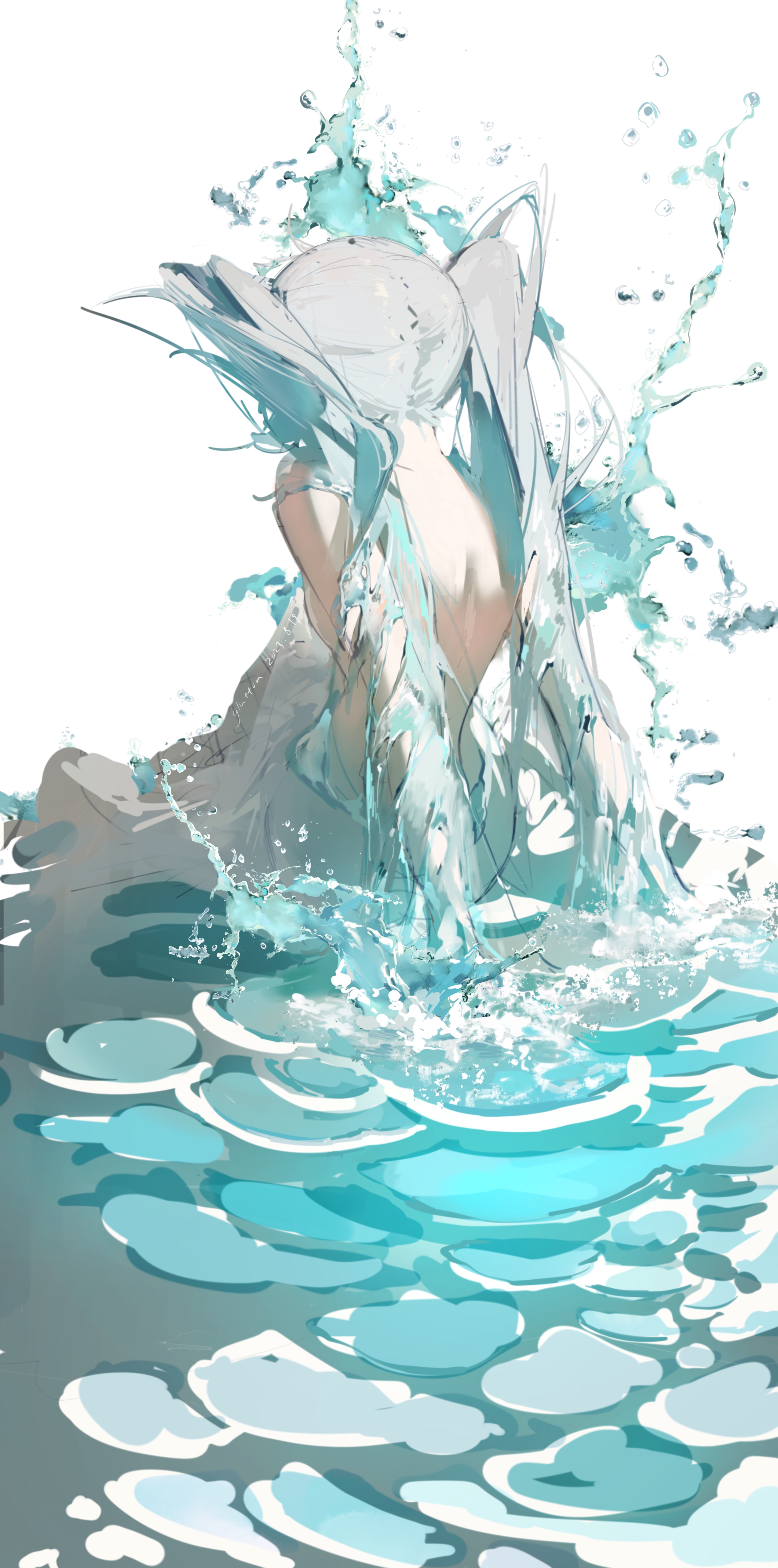 Anime 3000x6044 anime Hatsune Miku Pixiv portrait display Vocaloid long hair anime girls rear view white background water blue hair twintails signature 2023 (year) back Guluglutton