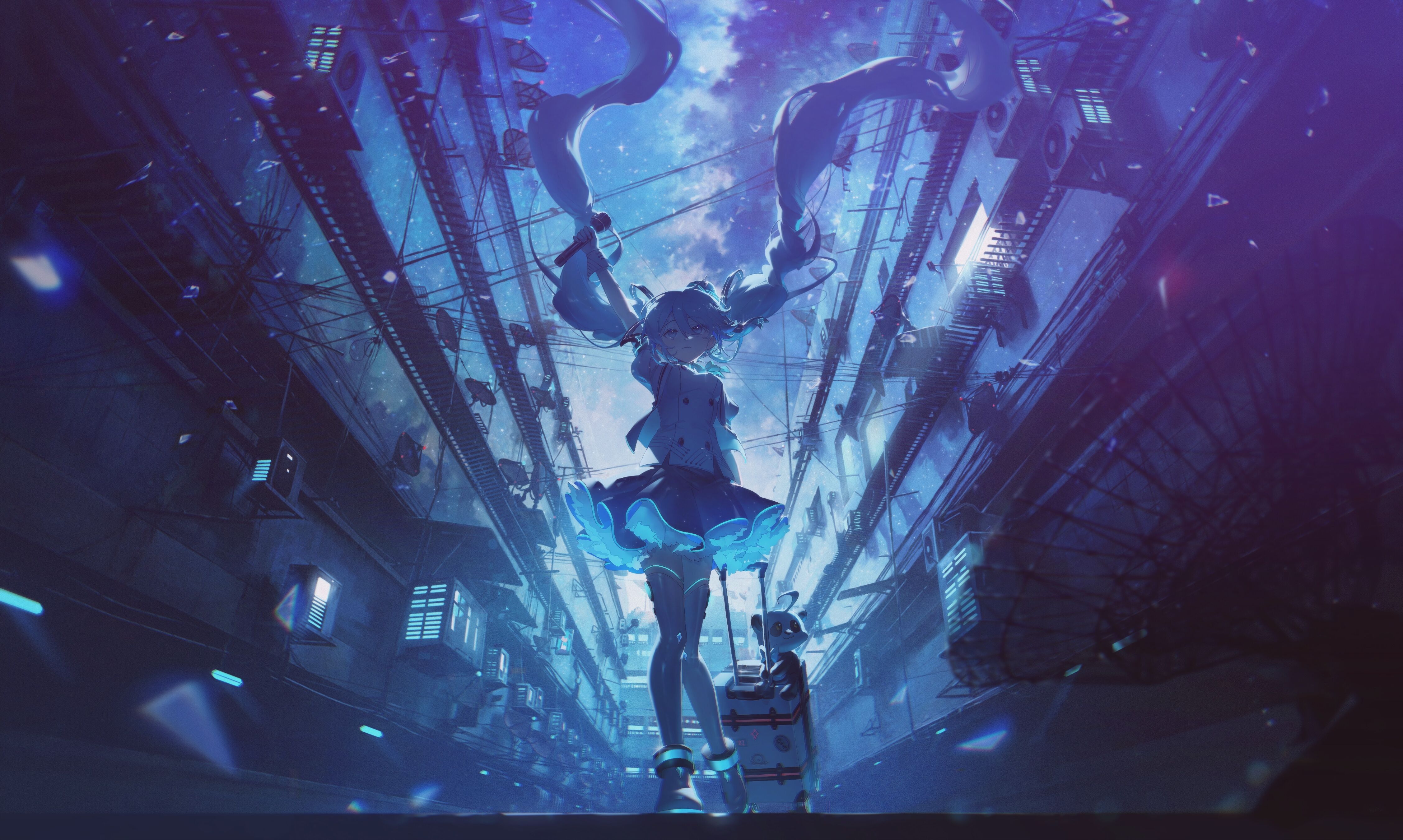 Anime 4510x2701 anime Hatsune Miku Pixiv microphone twintails suitcase long hair antenna sky air conditioning Vocaloid clouds anime girls walking luggage starry night starred sky KonYa666