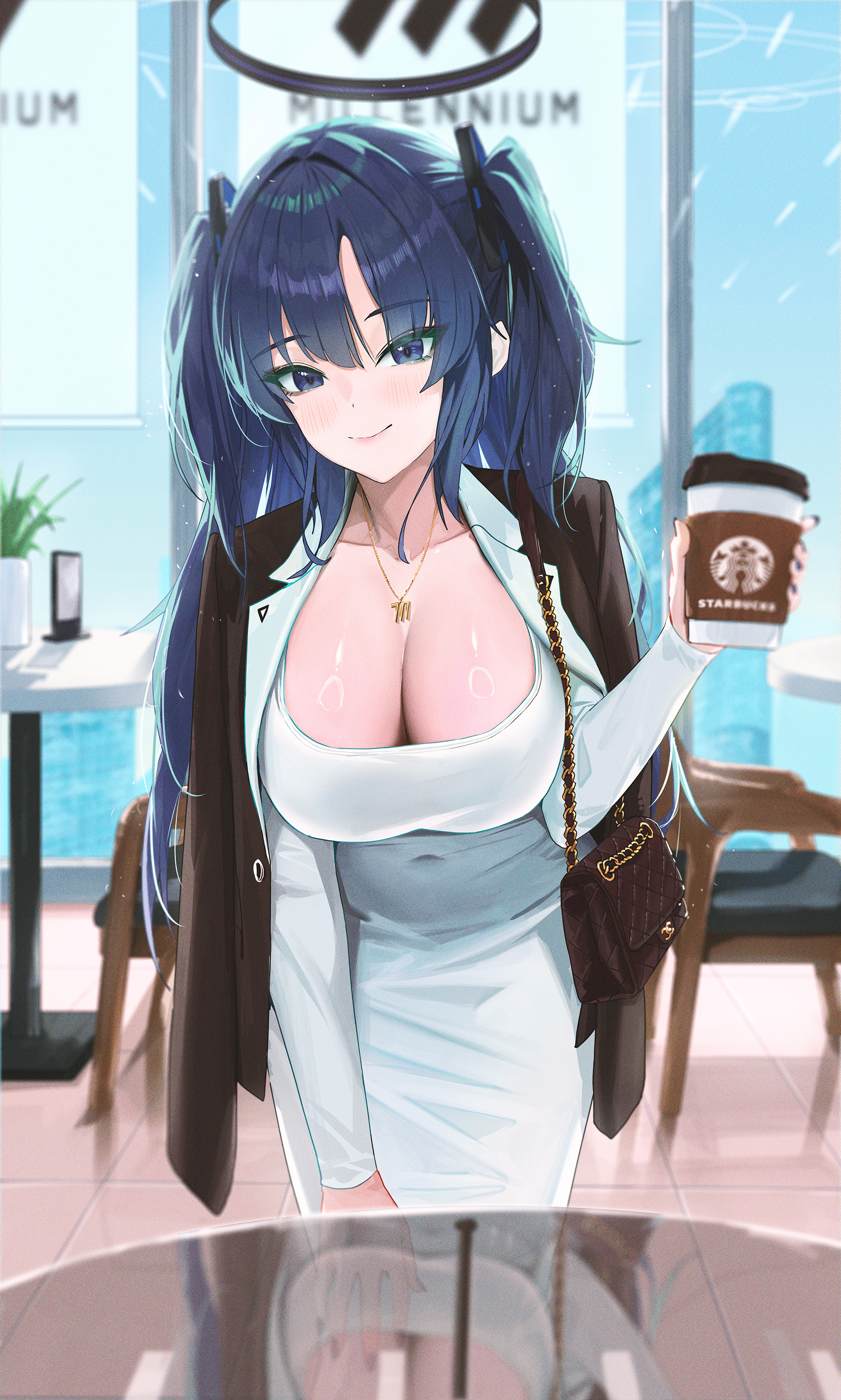 Anime 2000x3330 anime anime girls Blue Archive Hayase Yuuka cleavage big boobs coffee cup purple eyes necklace twintails portrait display smiling Fieryonion Starbucks blushing looking at viewer long hair table drink chair leaning reflection closed mouth standing purse