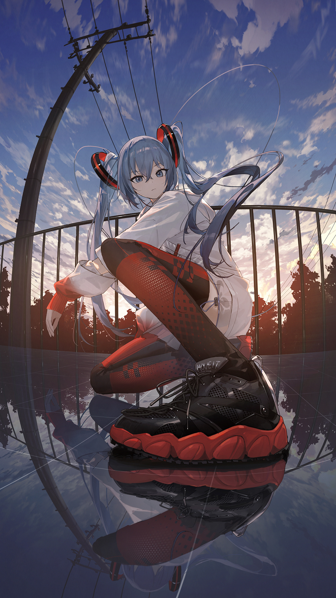 Anime 1080x1920 Hatsune Miku anime red shoes anime girls twintails sitting perspective sunset floor white jacket red pants blue hair Vocaloid portrait display looking at viewer long hair hair between eyes blue eyes sunset glow sunlight sky clouds shoes bent legs reflection handrail closed mouth power lines