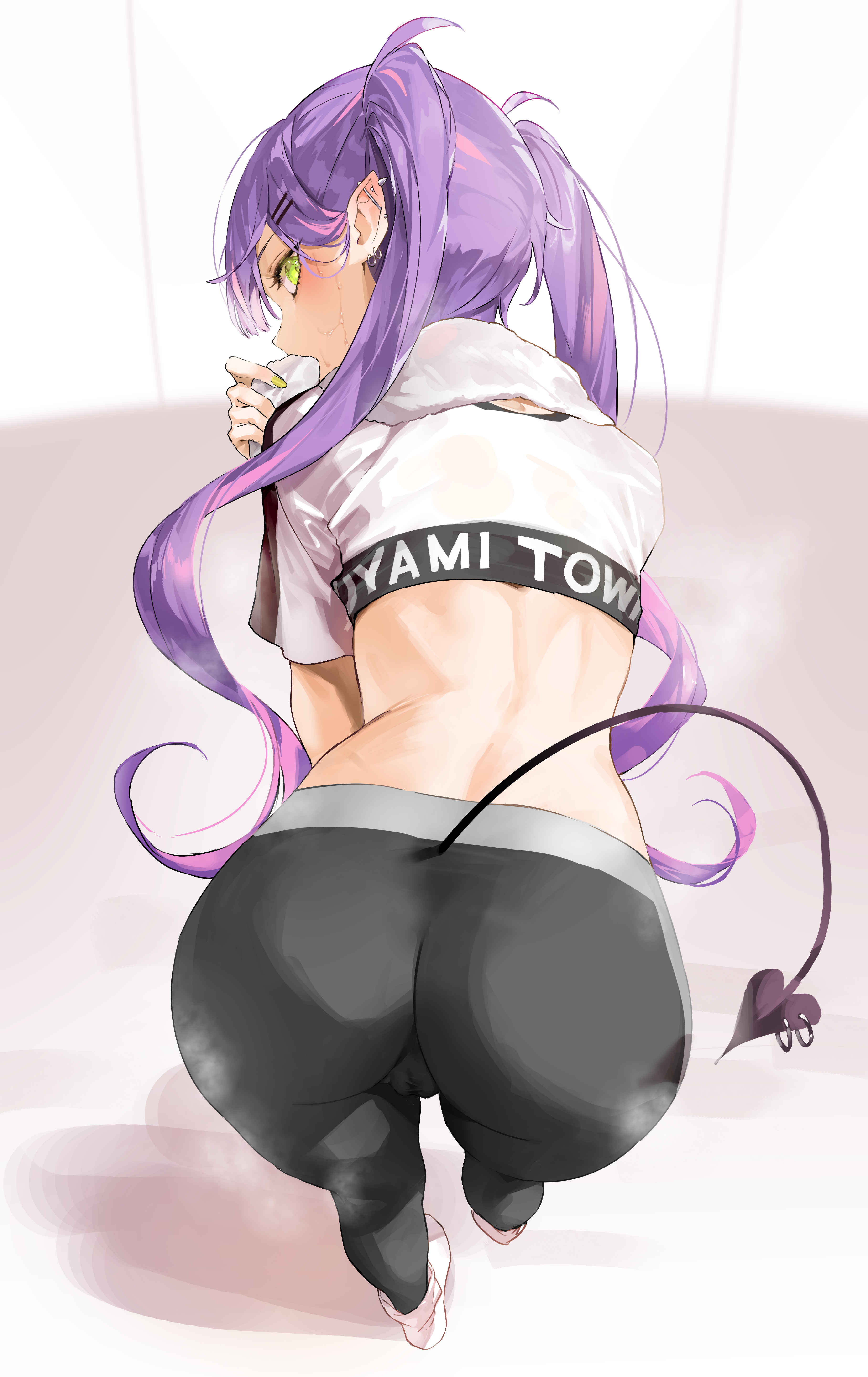 Anime 3638x5771 anime anime girls Hololive Tokoyami Towa bent over yoga pants bare midriff cameltoe Virtual Youtuber twintails looking back blushing succubus demon tail green eyes Kuroi Suna looking at viewer ass green nails painted nails long hair short sleeves ear piercing earring crop top hair clip towel